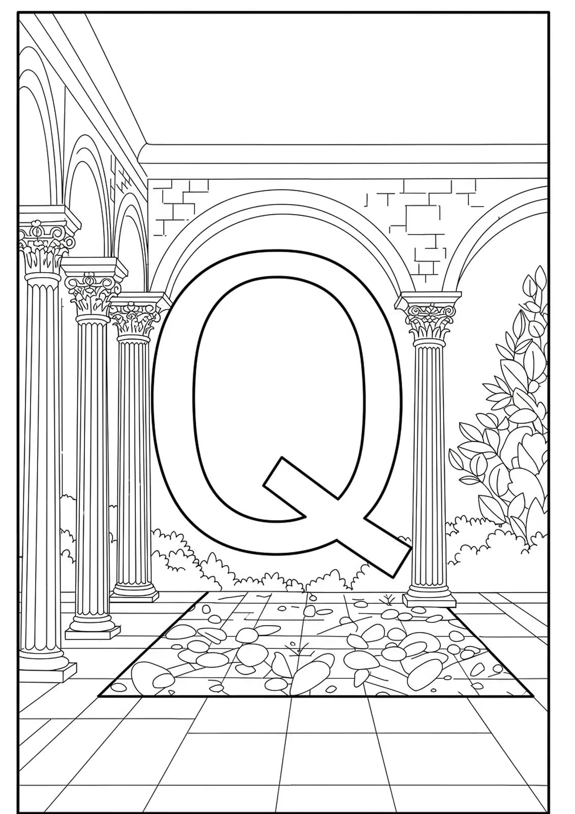 Architecture-themed letter Q coloring page for adults, with large arches and columns decorating the letter.