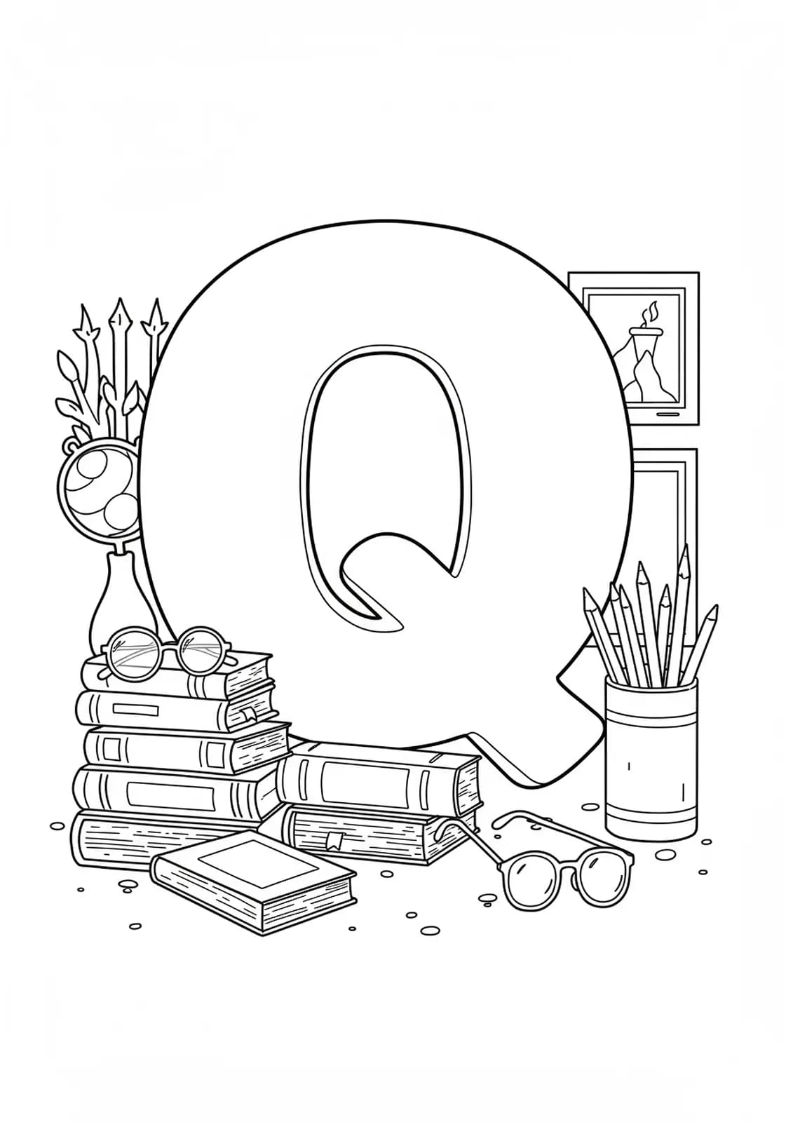 The letter Q encircled by detailed illustrations of books, reading glasses, and literary symbols