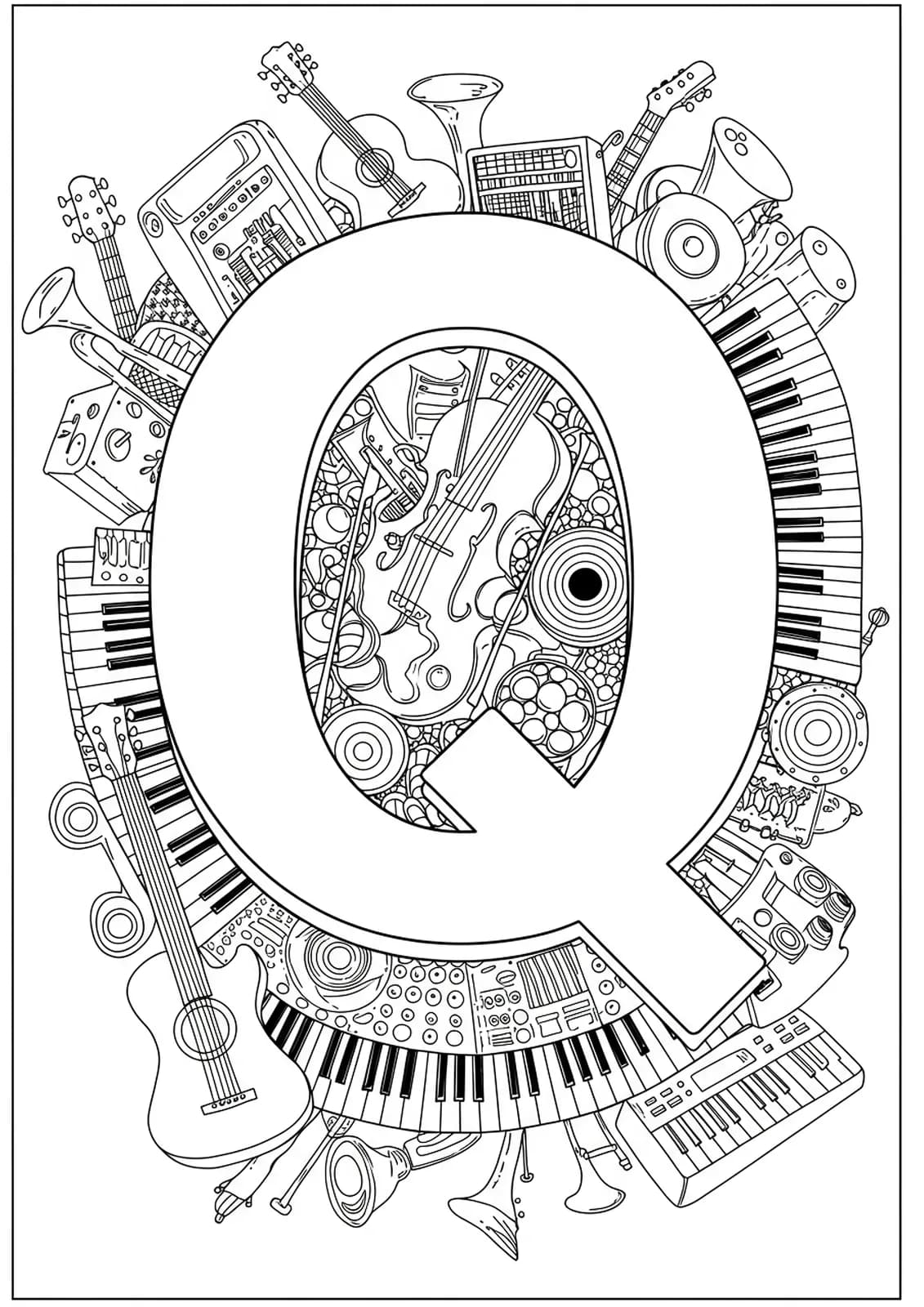 A large letter Q encircled by detailed outlines of various musical instruments