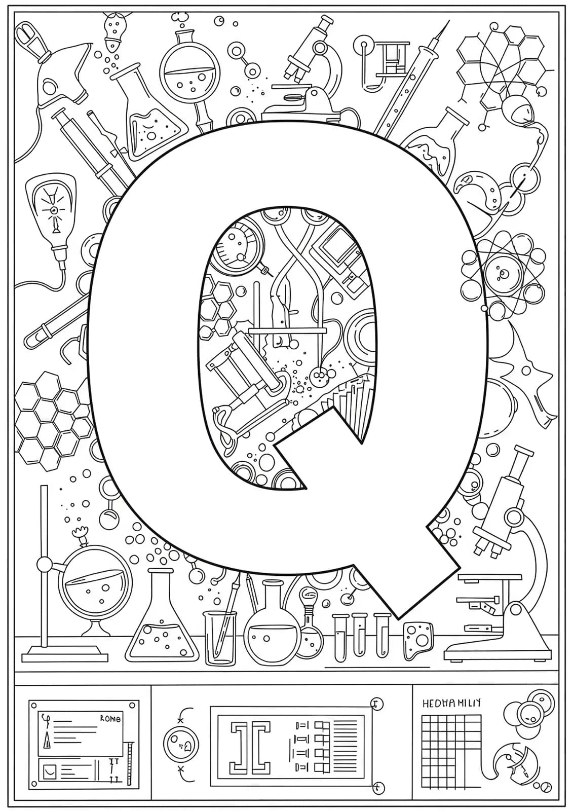 A large letter Q surrounded by detailed illustrations of lab equipment like beakers, microscopes, and test tubes