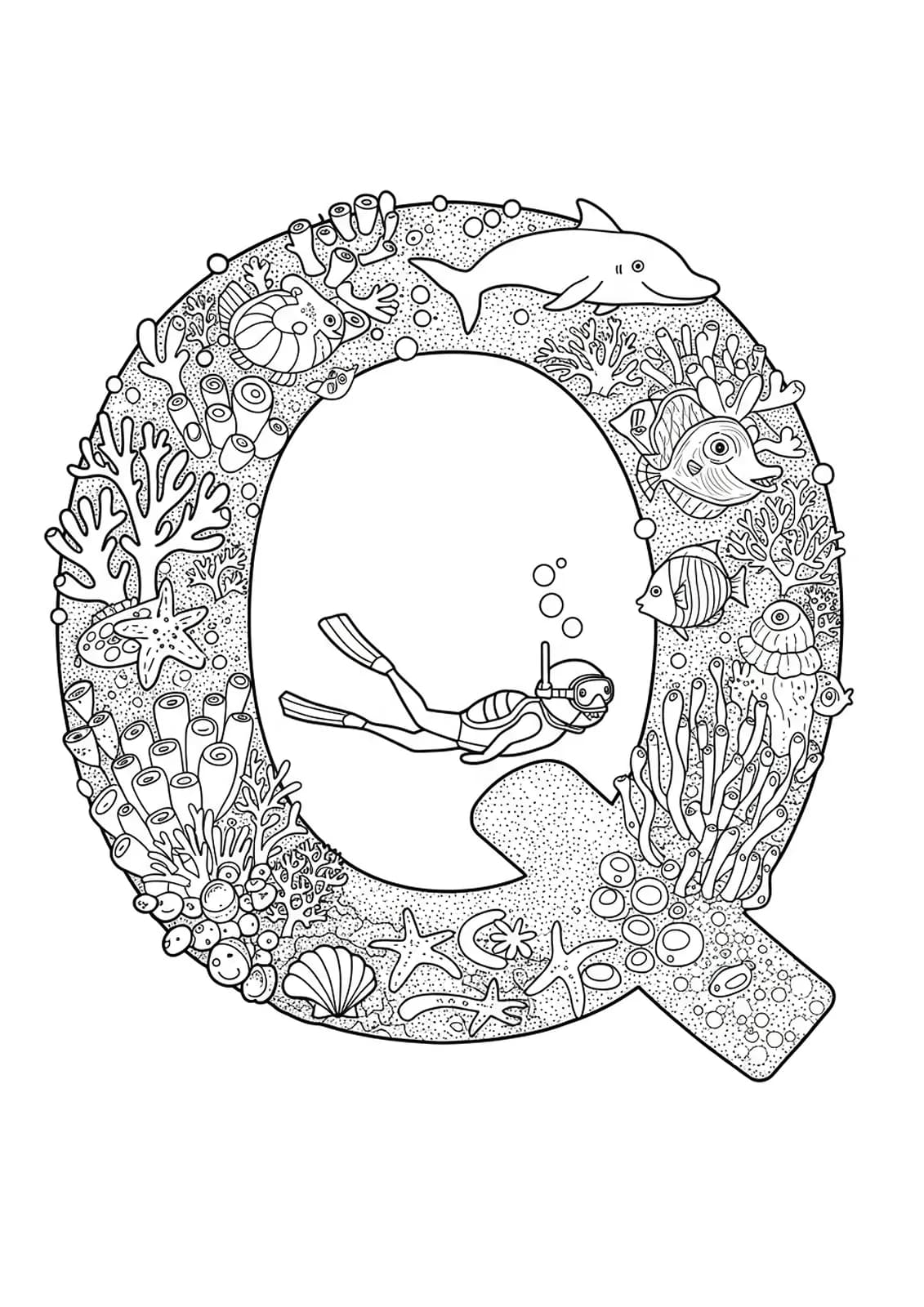 Intricate undersea scene with the letter Q, sea creatures, corals, shells, and quokka divers.