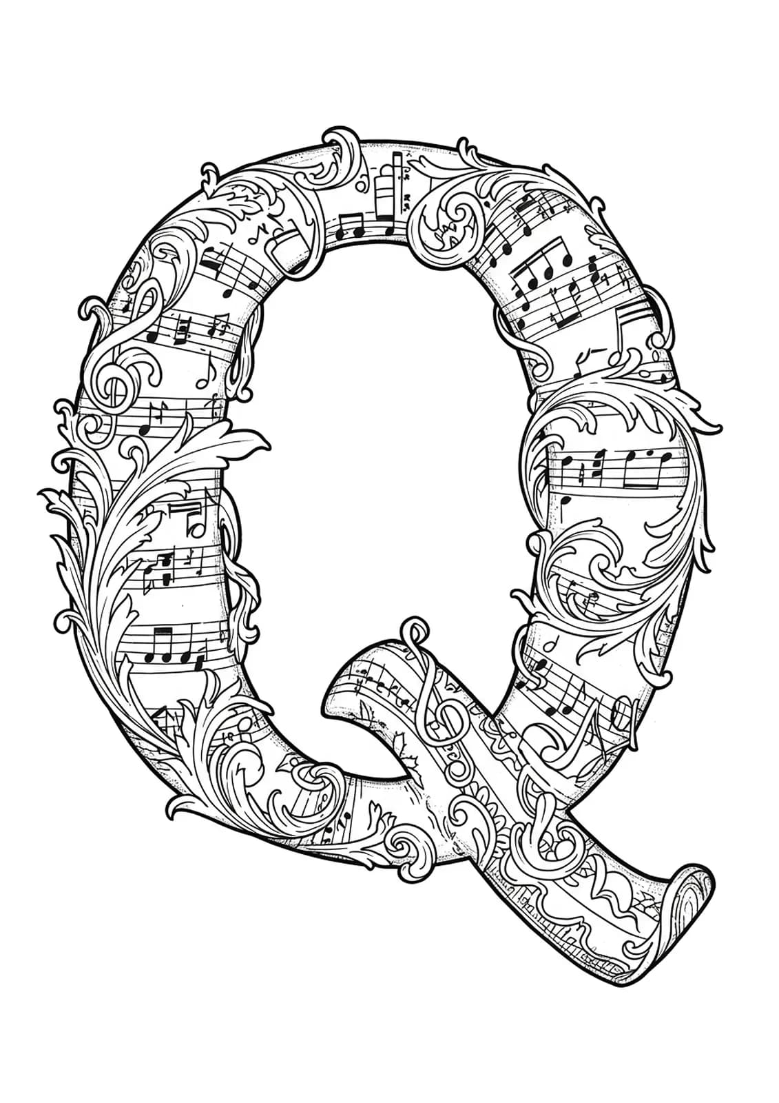 An ornate letter Q embellished with intricate vintage sheet music, musical notes, and decorative flourishes for adult coloring.