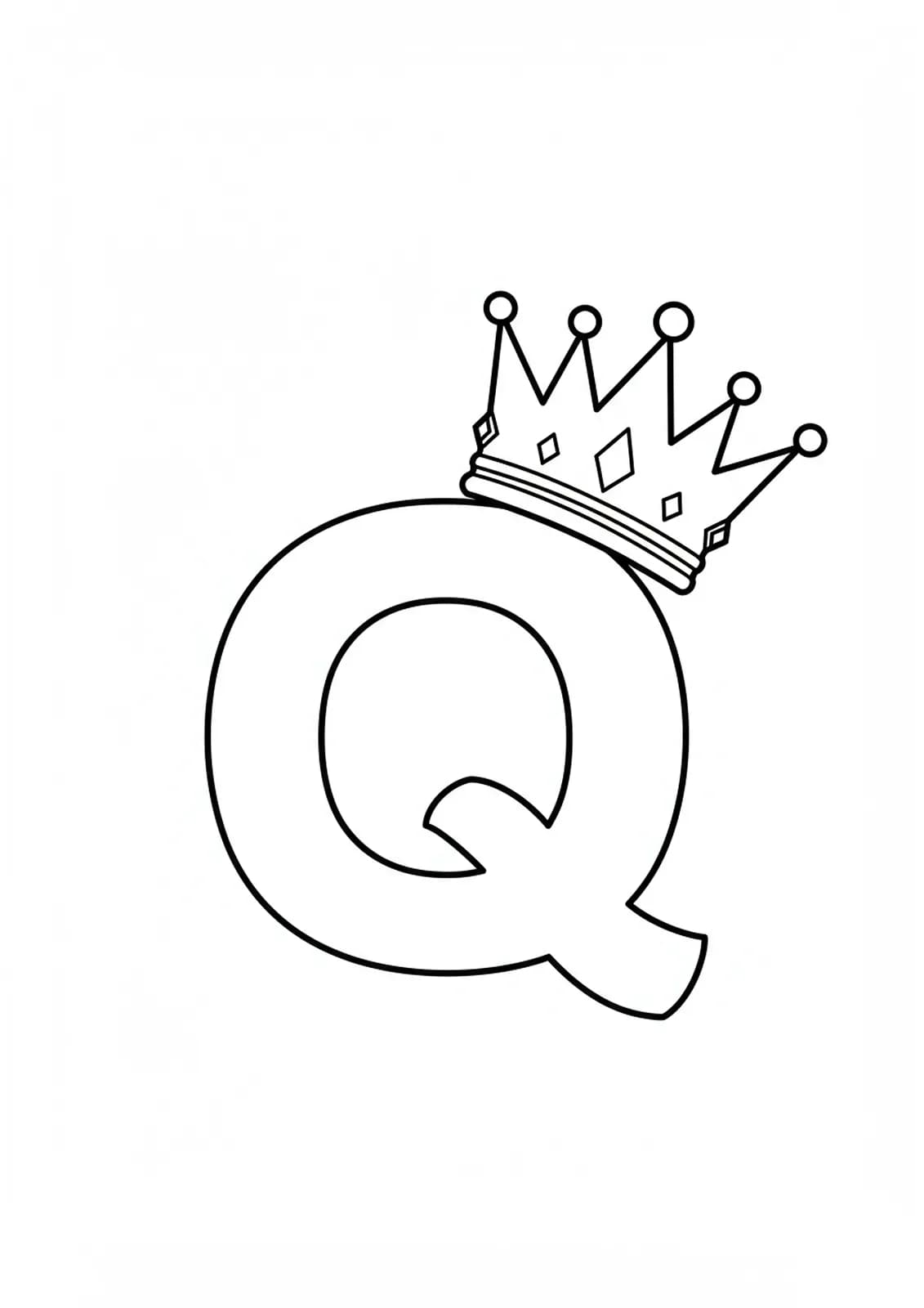 Simple letter Q next to an easy-to-color queen's crown, designed for young children.