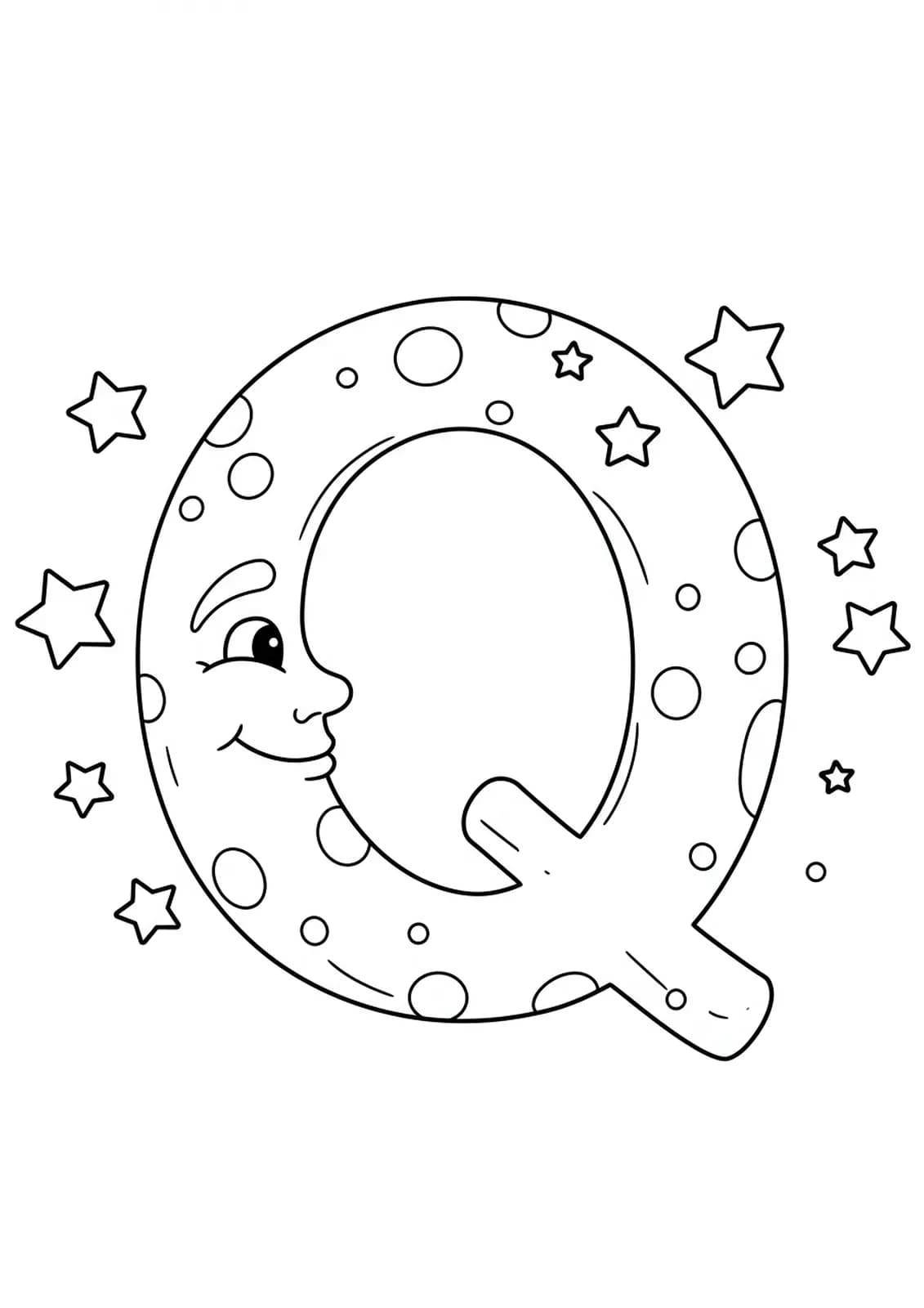 Big letter Q with a happy crescent moon and a few stars, all easy to color.