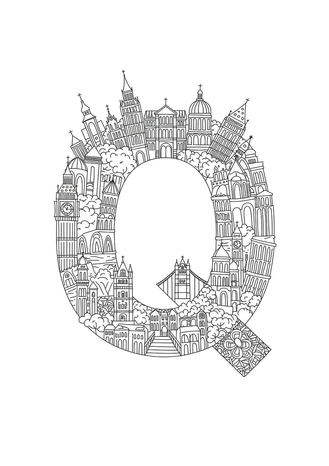 The letter Q interwoven with outlines of famous architectural buildings and structures