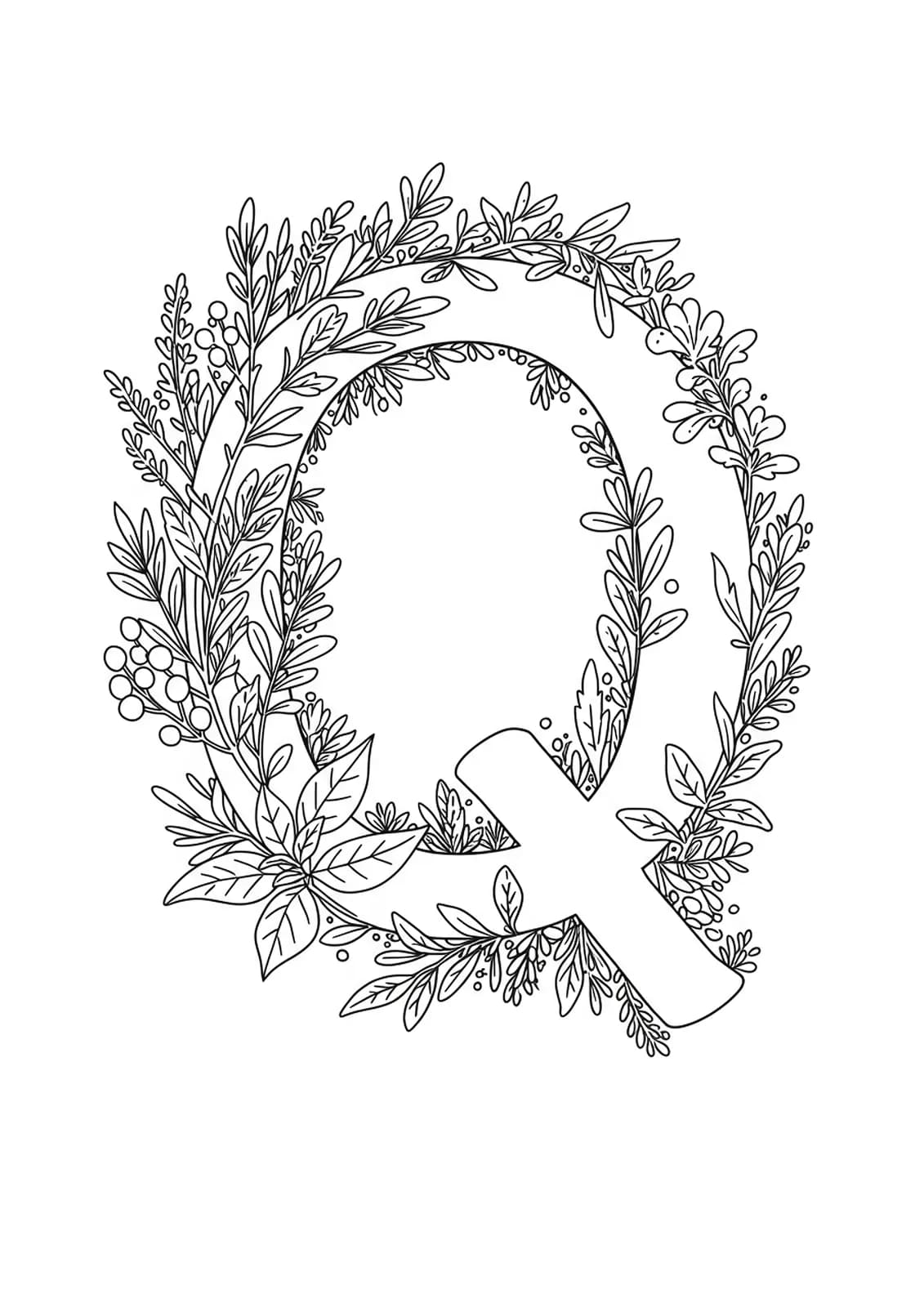 A large letter Q entwined with detailed drawings of herbs, leaves, and botanical elements