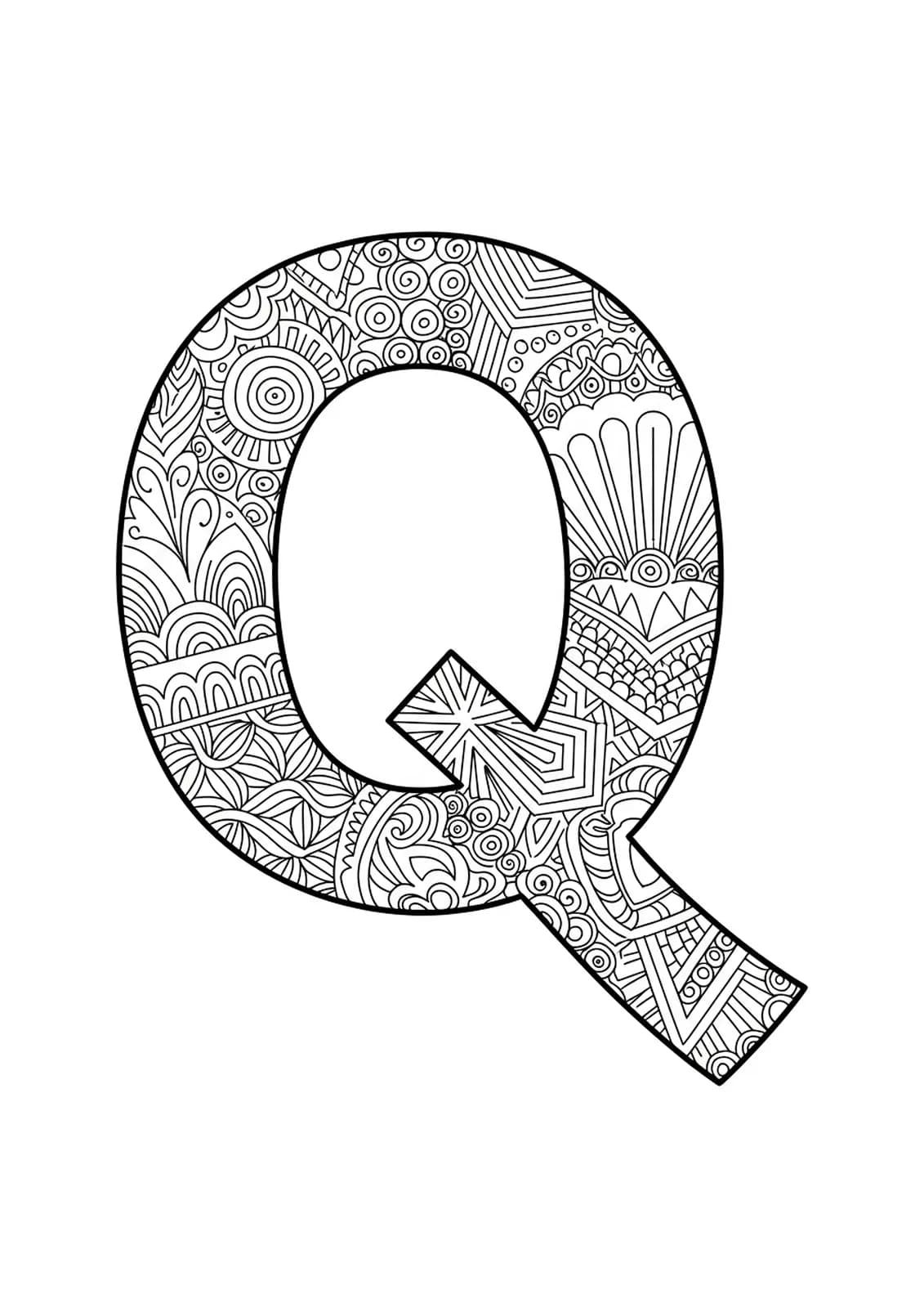 A stylized letter Q decorated with geometric Art Deco patterns and lines