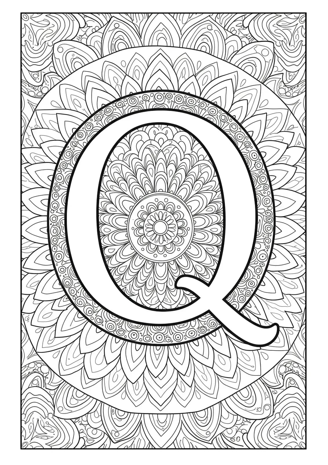 Easy mandala-themed letter Q coloring page for adults, featuring simple mandala patterns around the letter.