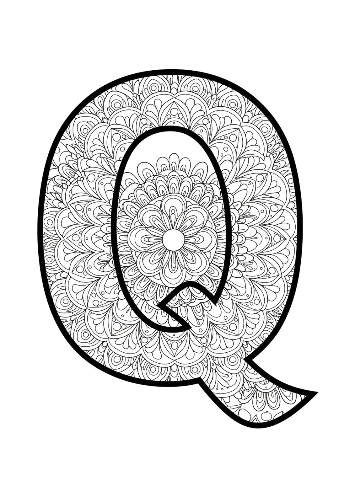 Mandala designs filling and surrounding a large letter Q, with detailed repeating patterns for coloring