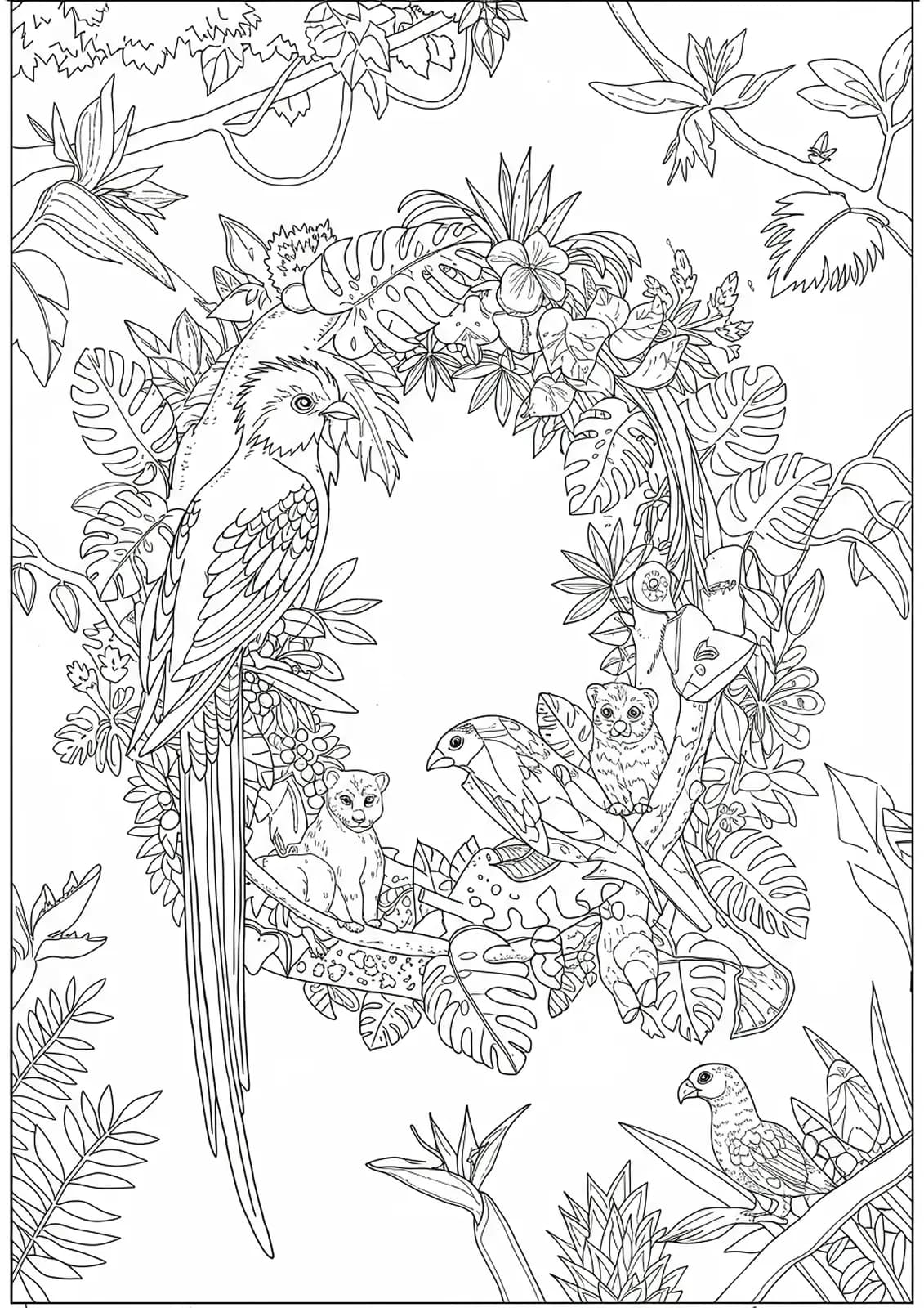 Intricate coloring page of the letter Q with quetzal birds, rainforest leaves, and hidden animals.