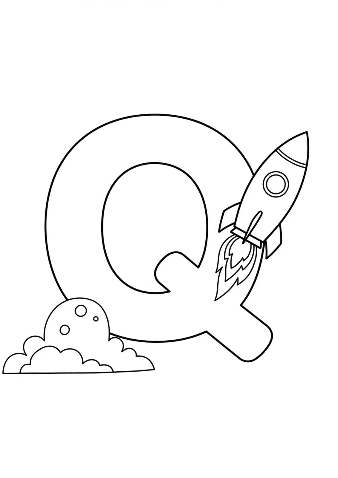Large letter Q with a simple, cartoon rocket flying beside it, both with big outlines.