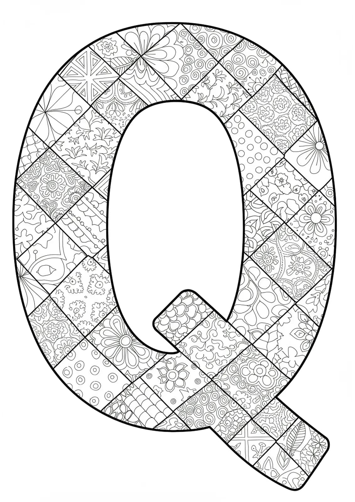 The letter Q decorated with various quilt patchwork patterns and textile motifs