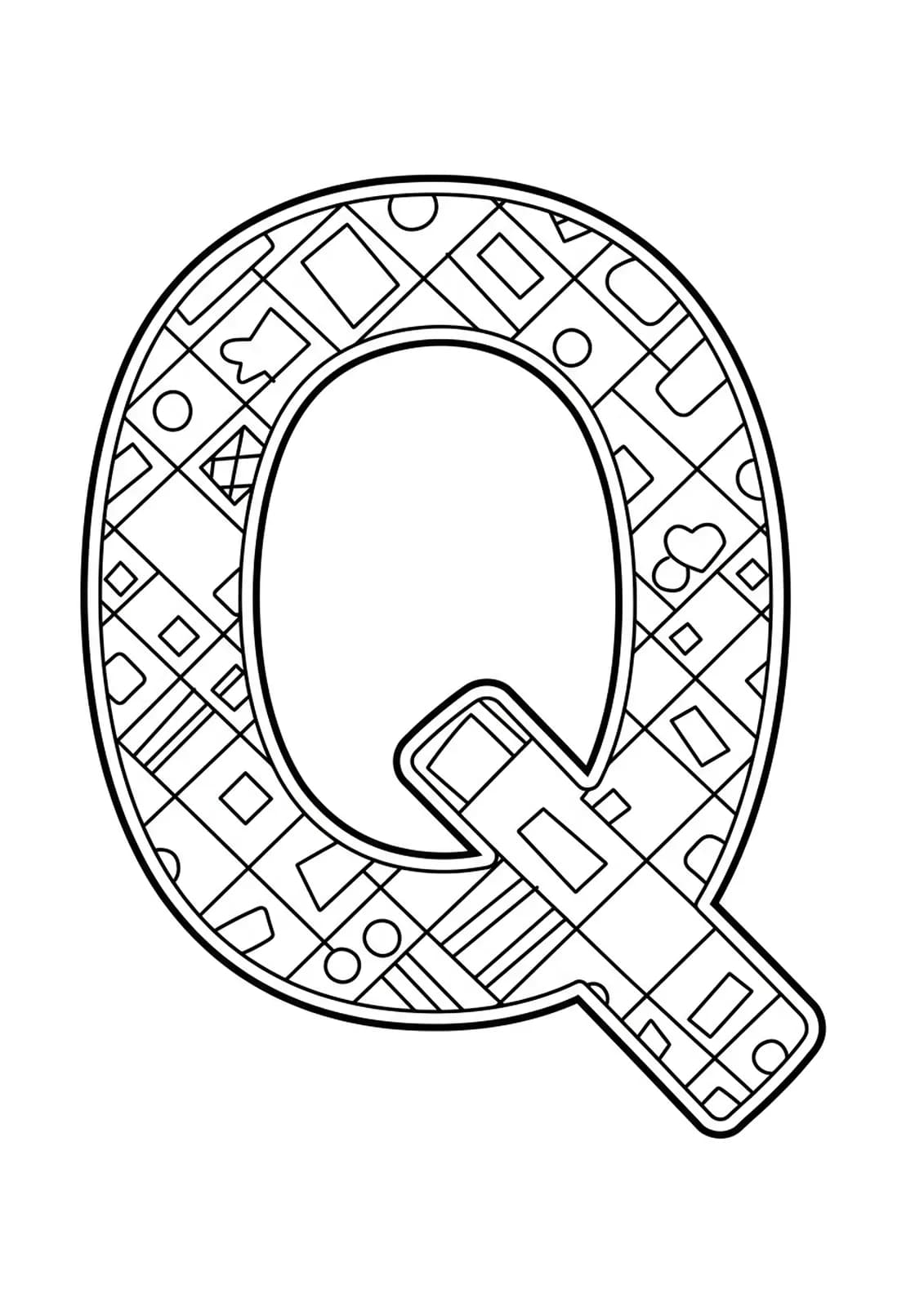 Large letter Q with a basic quilt pattern inside and around it, easy shapes and outlines.