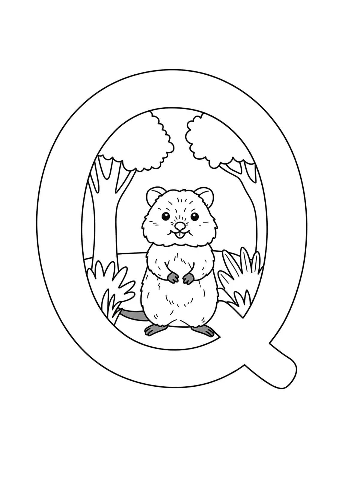 Outline of letter Q and a quokka with forest plants for coloring