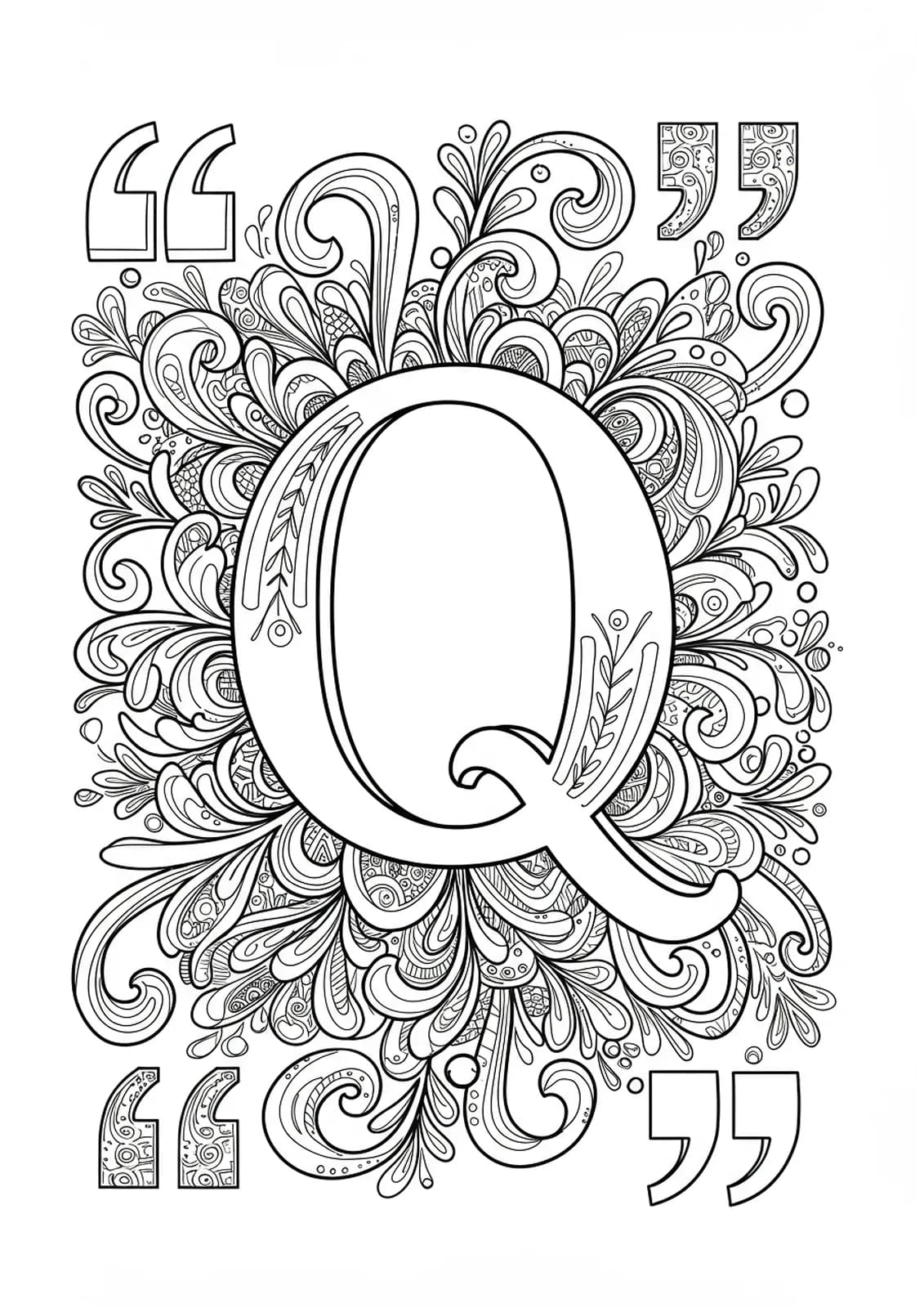 Line art coloring page of the letter Q with typography flourishes and quotation marks, medium detail for teens.