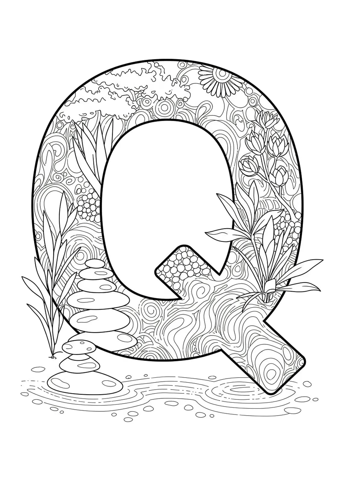 The letter Q with Zen garden elements like raked sand, stones, and simple plants