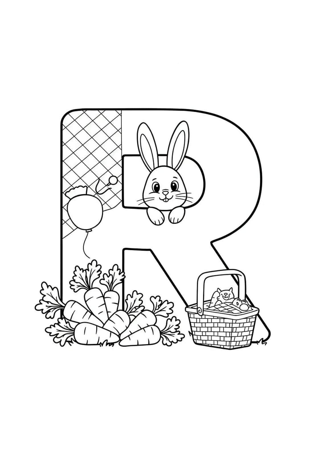 Coloring page with a large letter R, rabbit, picnic basket, and carrots