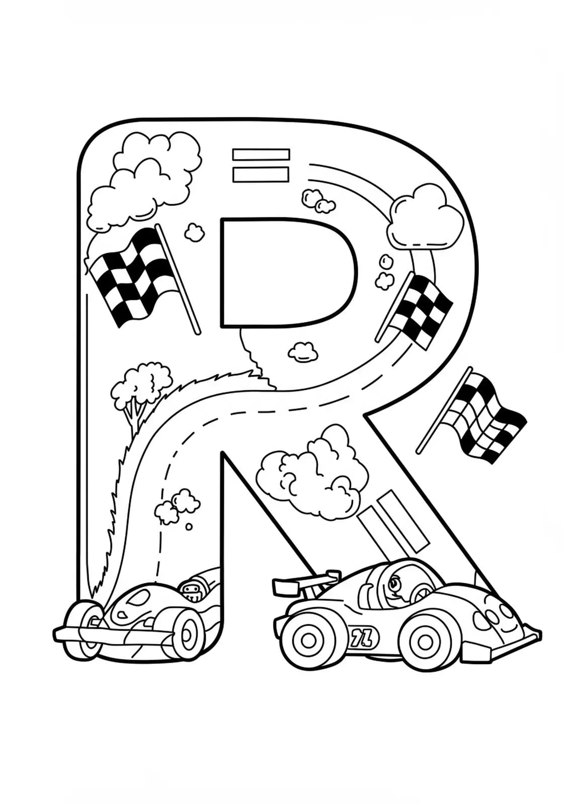Coloring page with a large letter R and a race car with flags