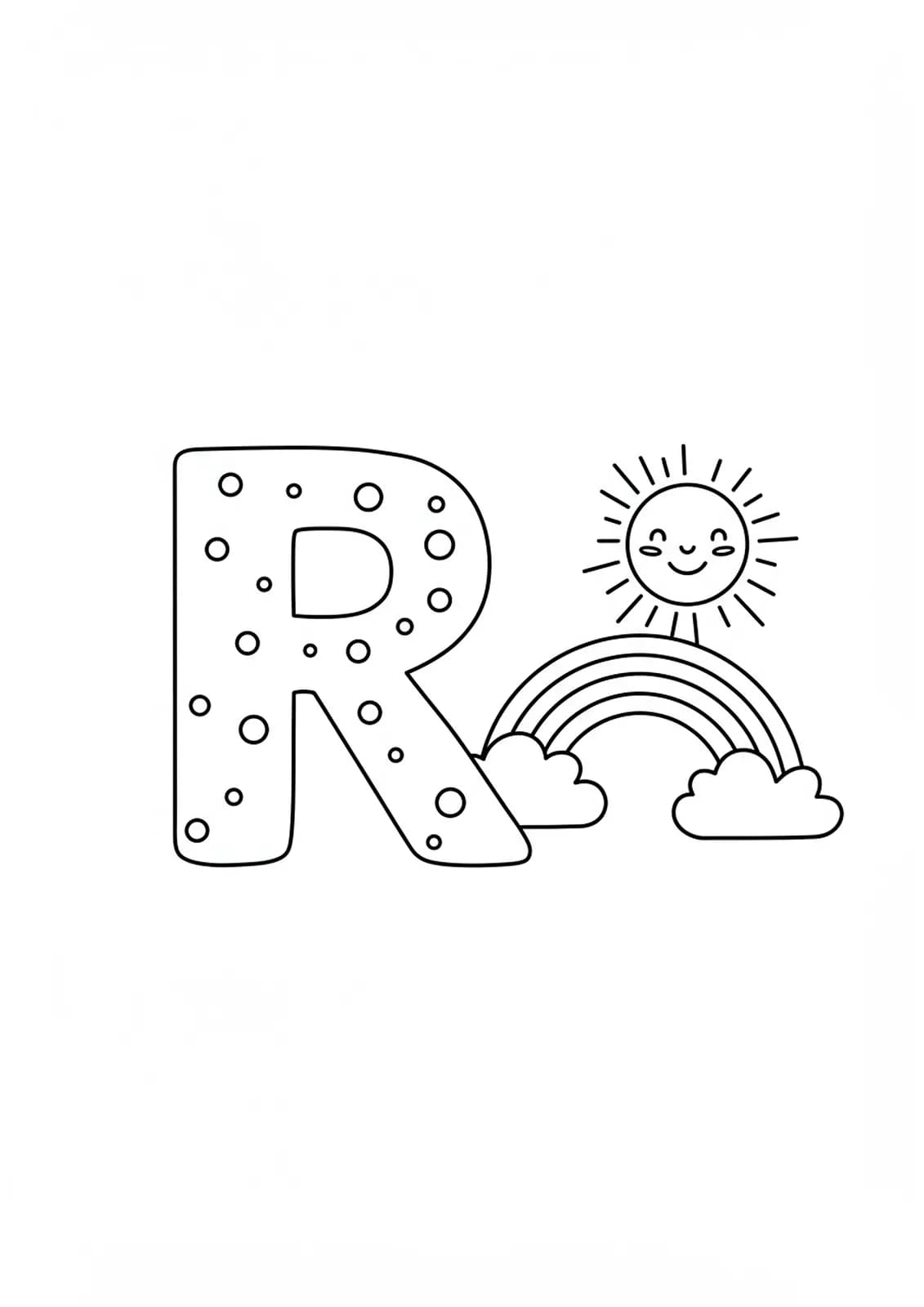 Coloring page with a large letter R, rainbow, sun, and clouds