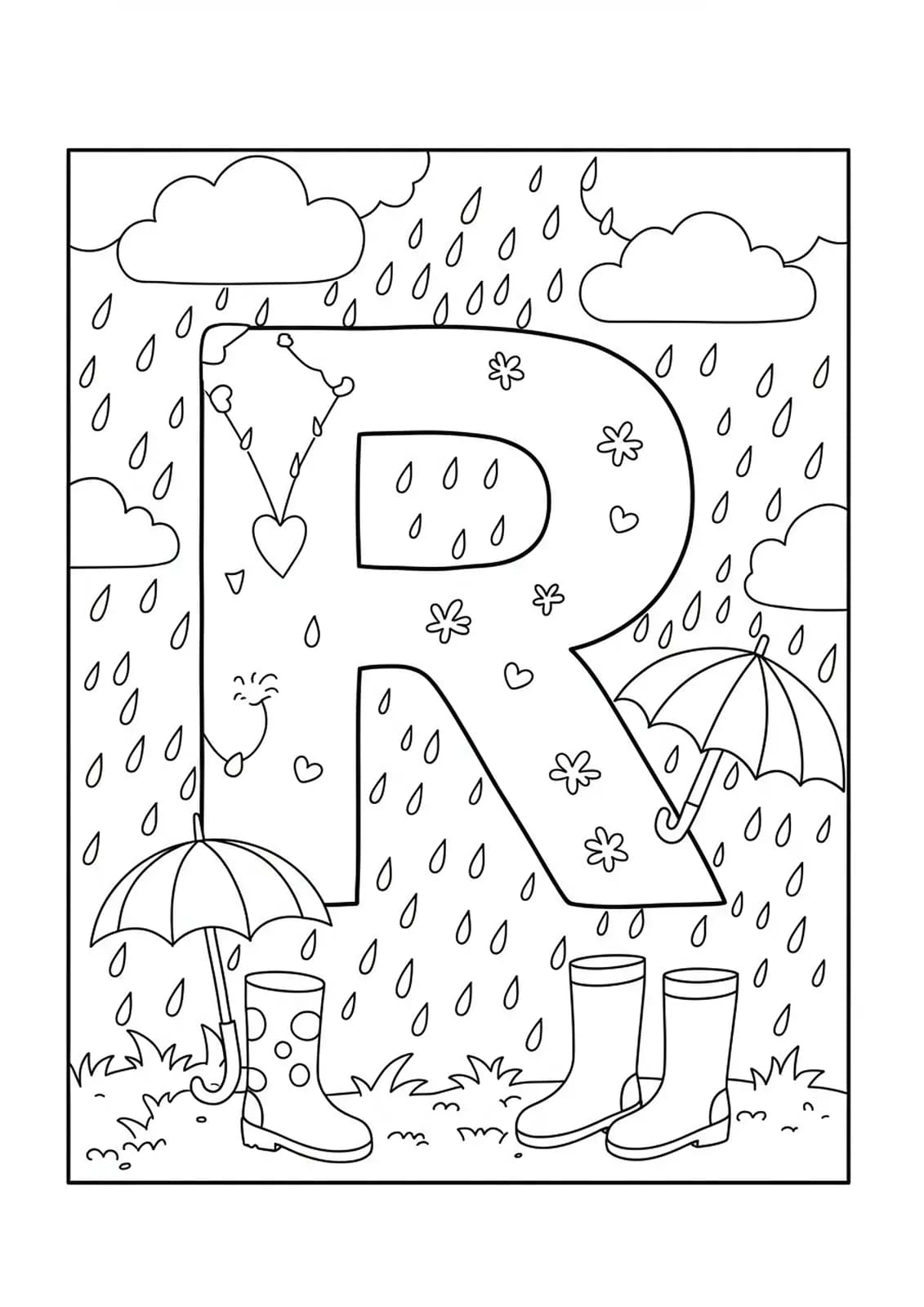 Printable coloring page showing a large letter R with raindrops, clouds, umbrella, and boots
