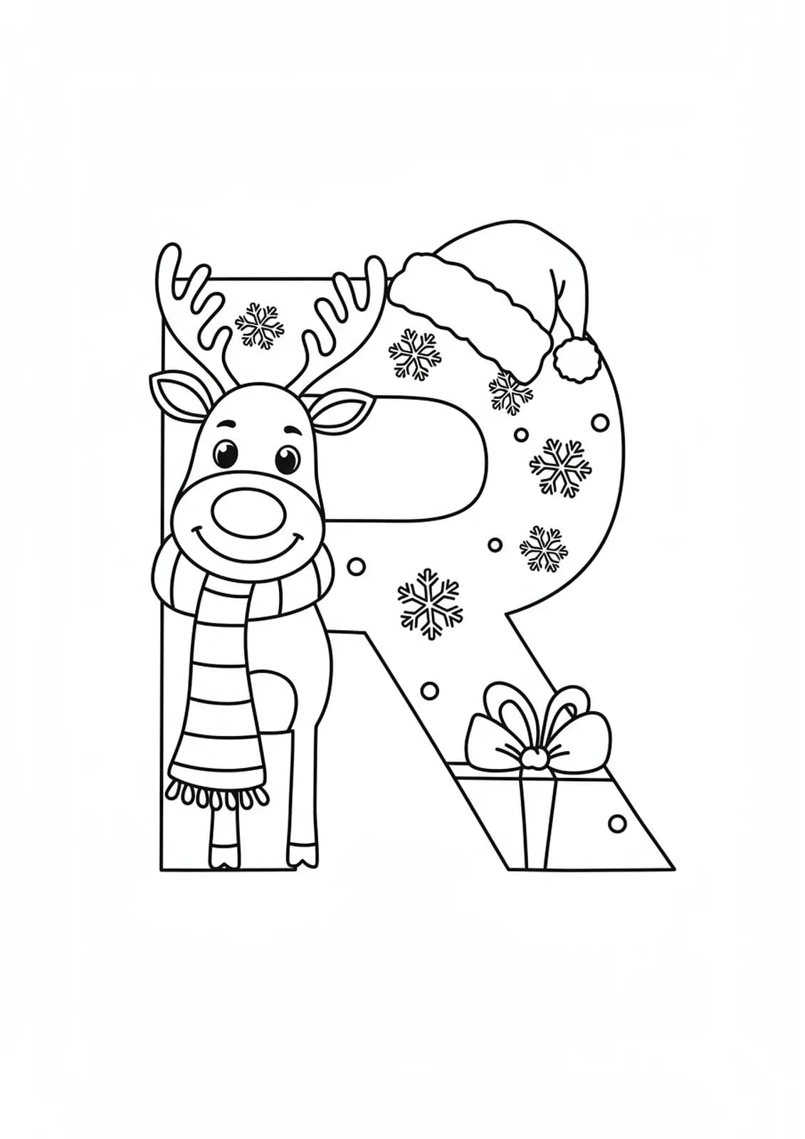 Coloring page with a large letter R, reindeer, snowflakes, and Santa hat