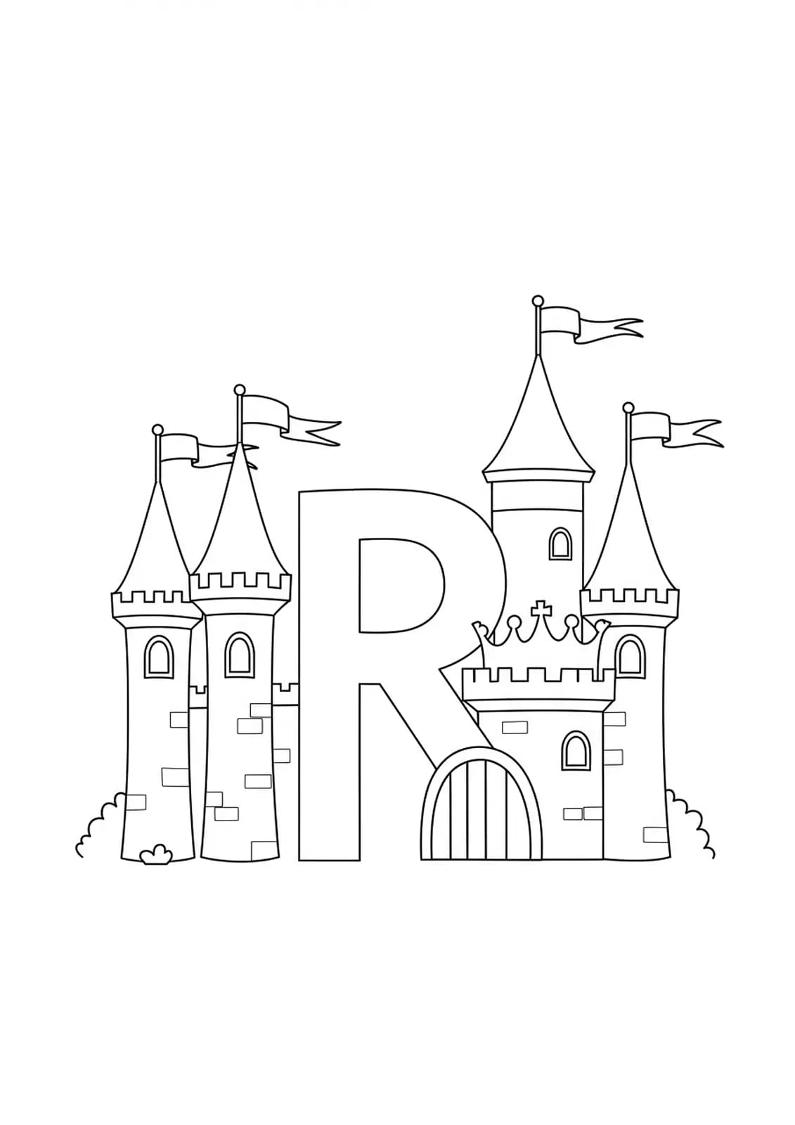 Coloring page with a large letter R, castle towers, and a flag