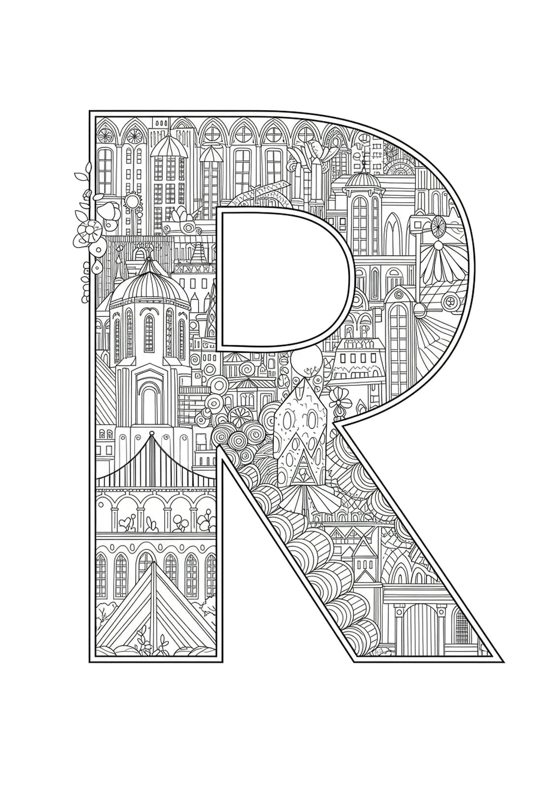 Letter R composed of a dense, detailed cityscape with buildings, bridges, and intricate architectural features for adult coloring.