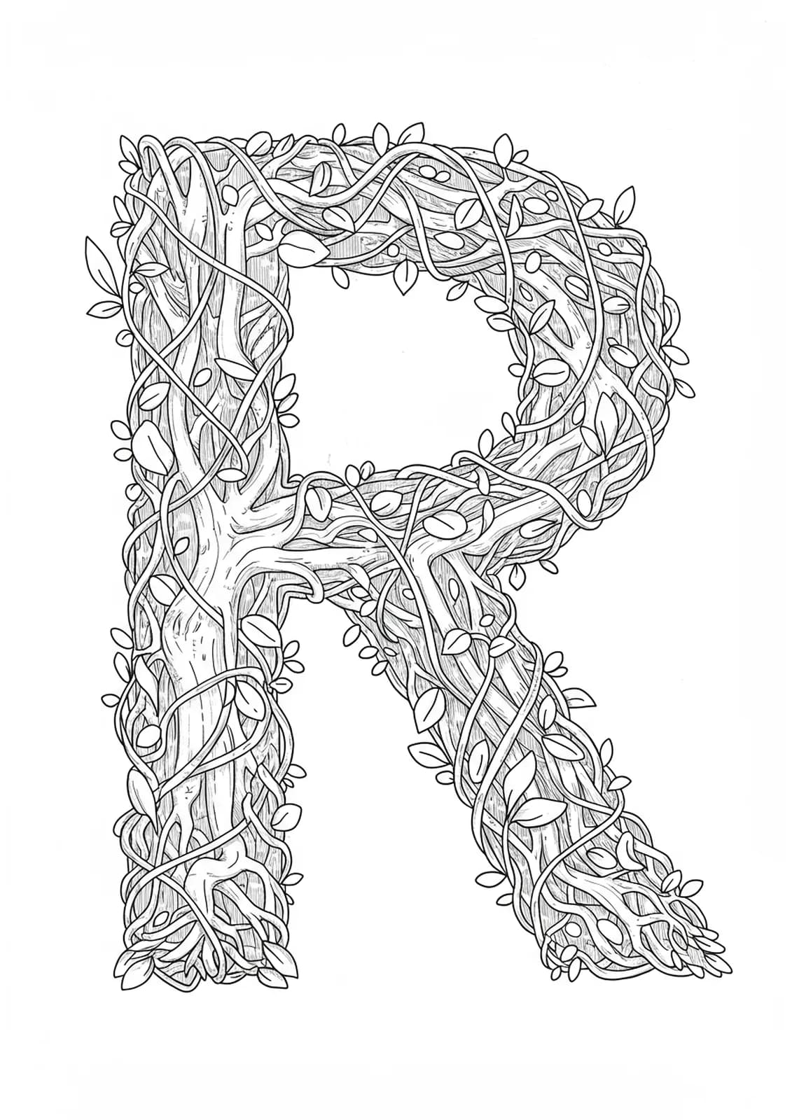 Letter R formed by an intricate labyrinth of vines, roots, and botanical elements for detailed adult coloring.