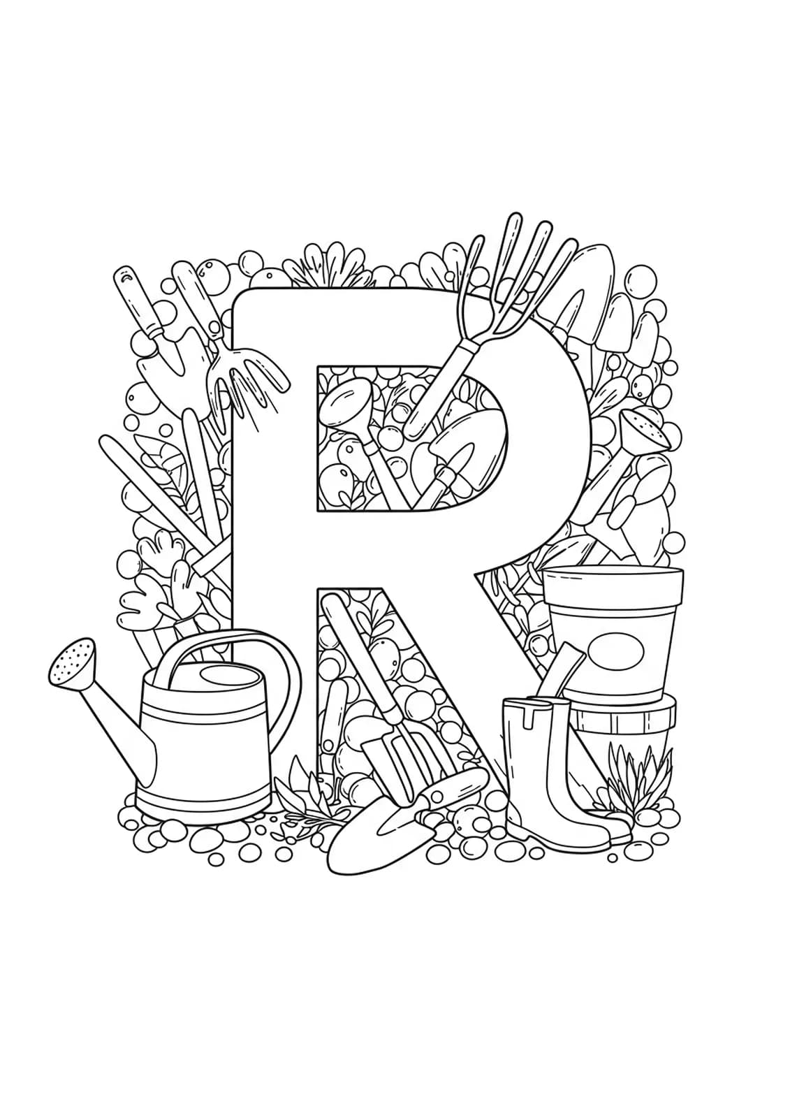 The letter R with garden tools like watering cans and trowels in large, simple outlines for easy adult coloring.