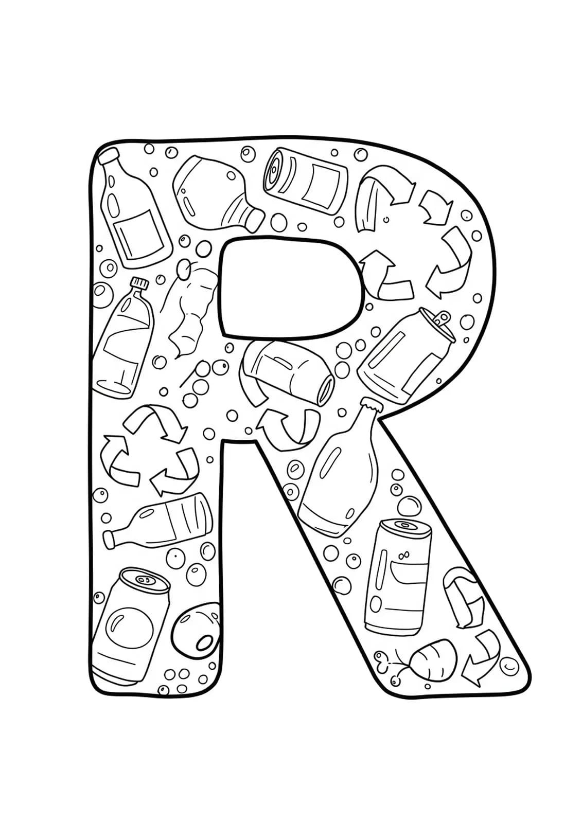 The letter R with simple recycled items like bottles and arrows, easy for adults to color.