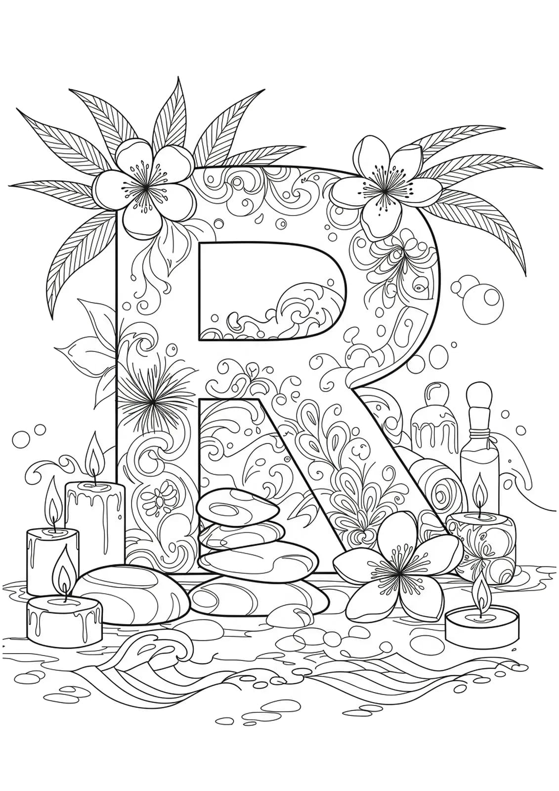 The letter R surrounded by simple spa elements like candles, stones, and peaceful waves, easy for adults to color.