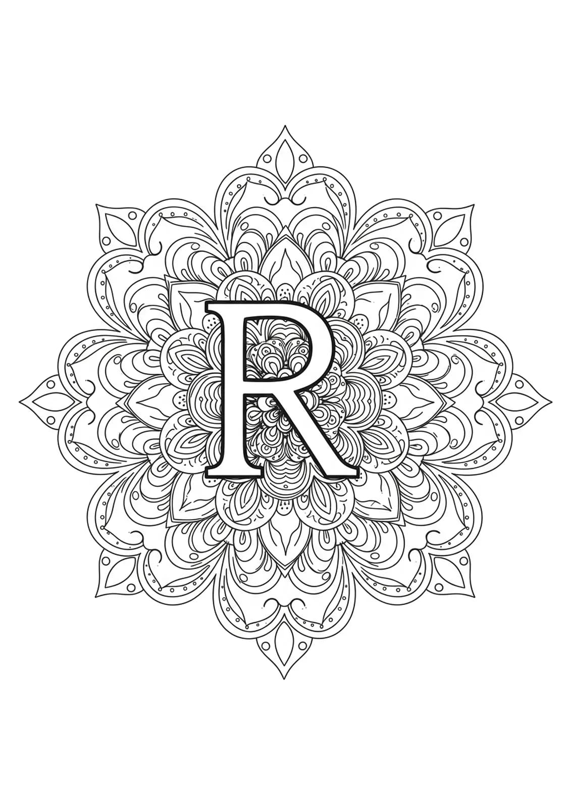 The letter R outlined with large, simple mandala accents, easy for adults to color.
