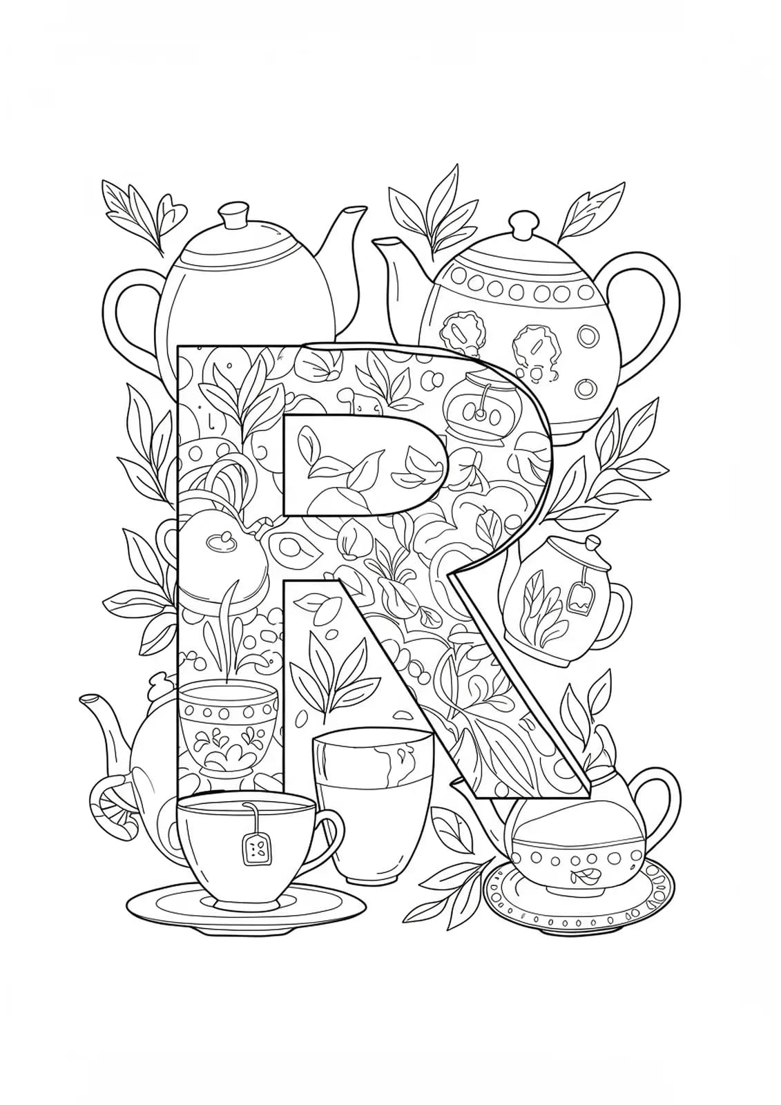 The letter R with teapots, cups, and tea leaves in simple outlines, easy for adults to color.