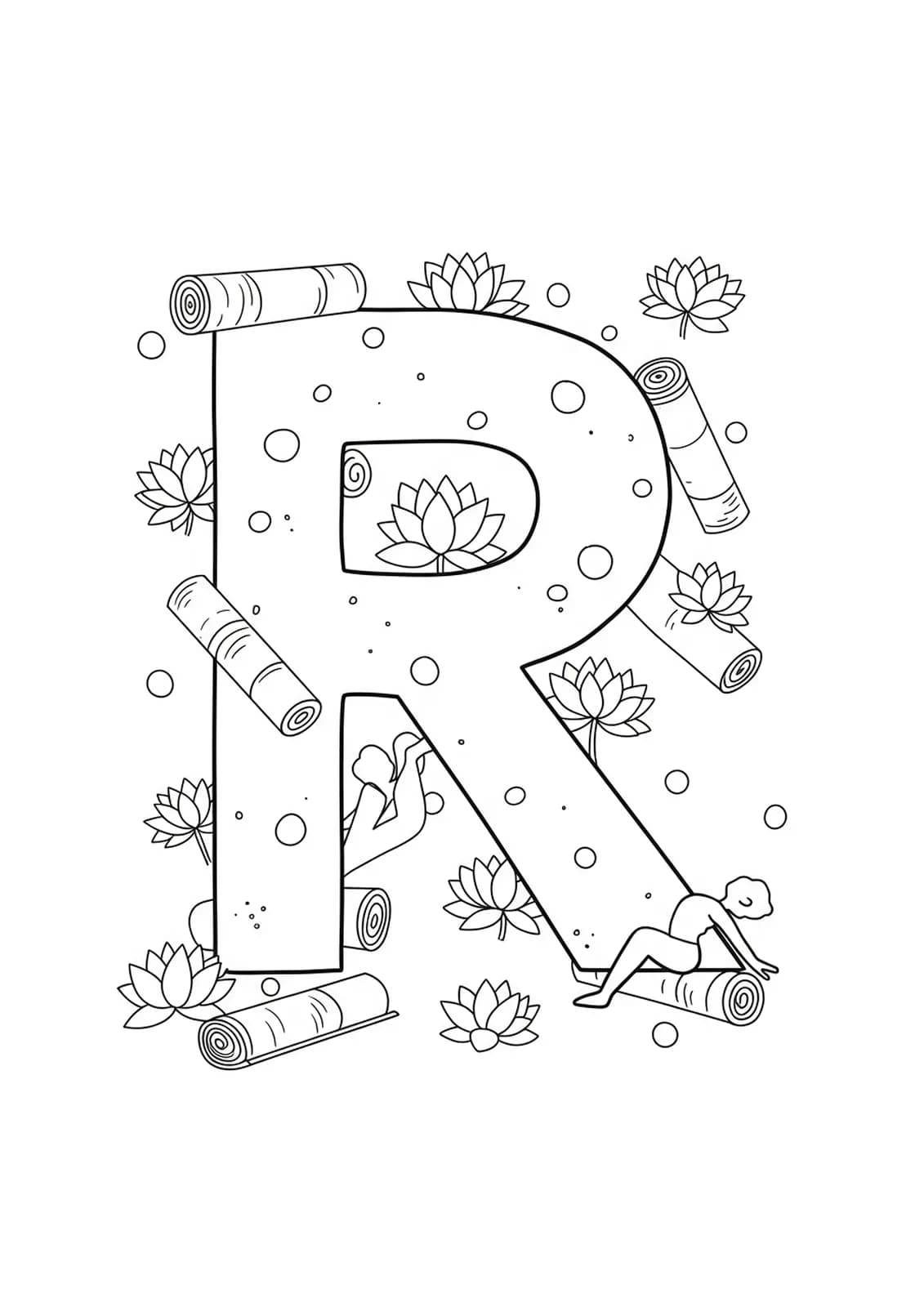 The letter R with yoga mats, lotus flowers, and basic yoga poses in simple outlines, easy for adults to color.