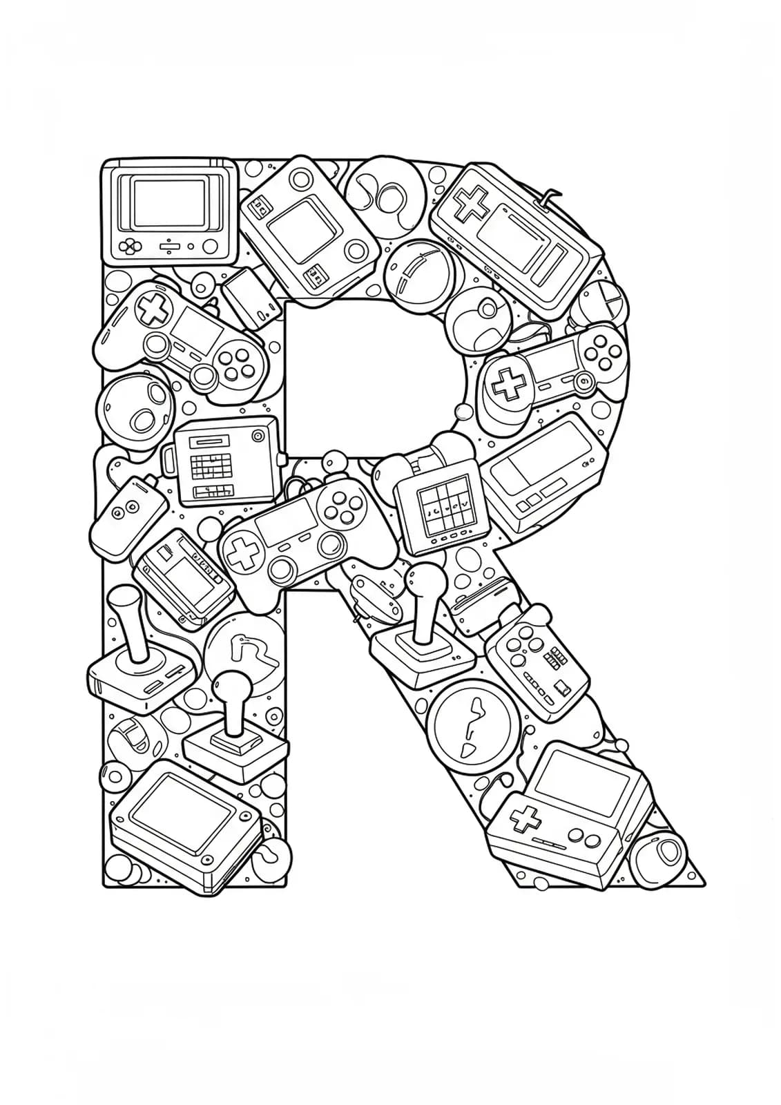 The letter R with large pixelated shapes, joysticks, and video game consoles in simple outlines for adult coloring.