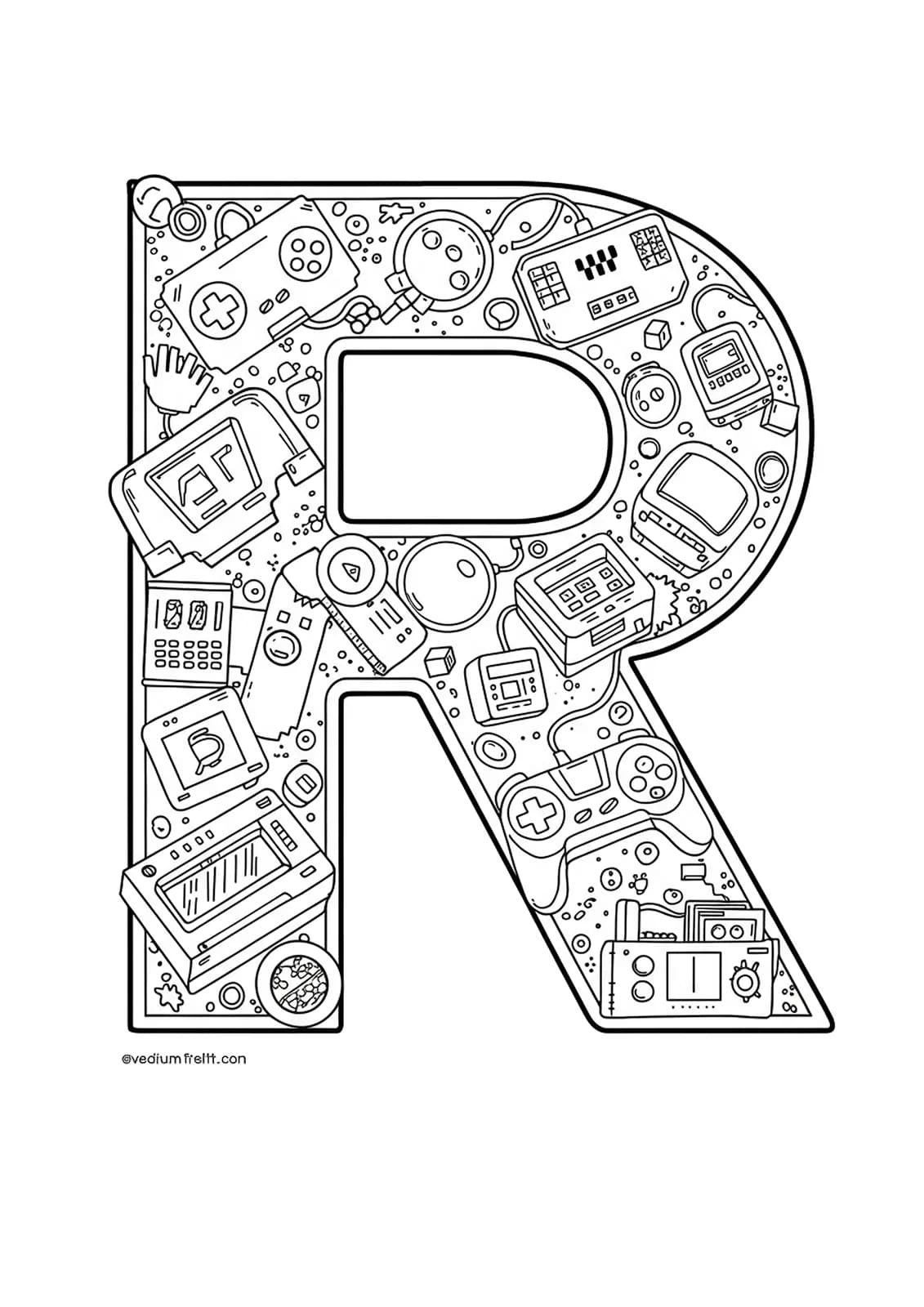 Letter R with retro video game pixel art, controllers, and icons, medium detail for teens