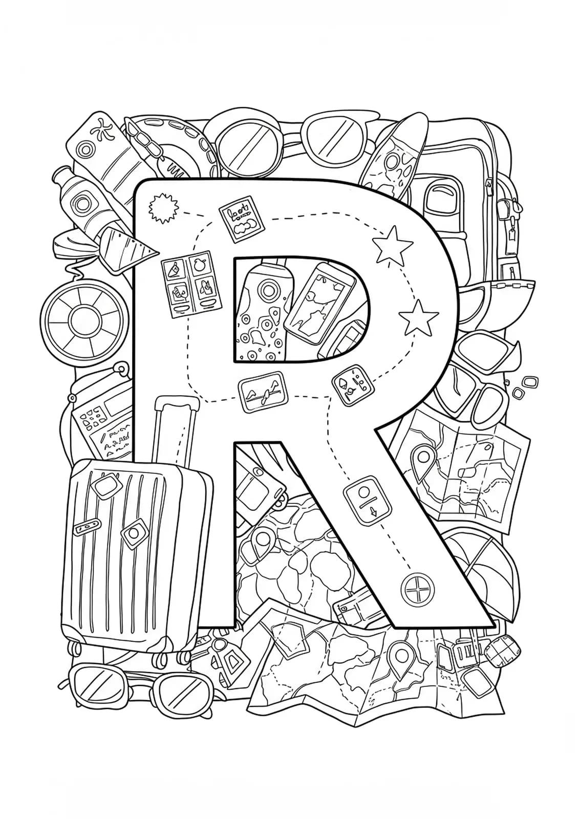 The letter R with simple drawings of suitcases, sunglasses, and maps, easy to color for adults.
