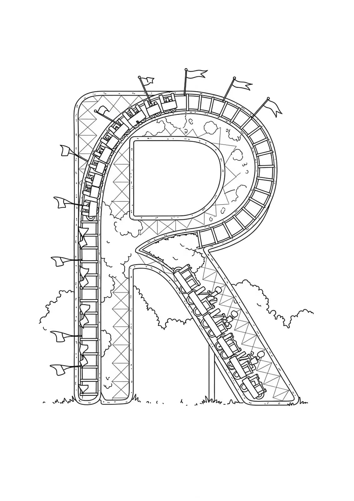 Letter R formed as a roller coaster track with carts and flags, medium detail for teens