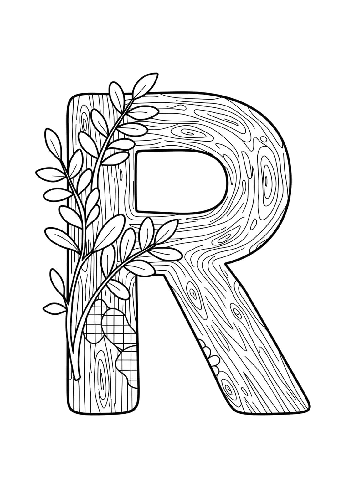 The letter R with wood grain patterns, leaves, and checkered designs, simple lines for easy coloring.