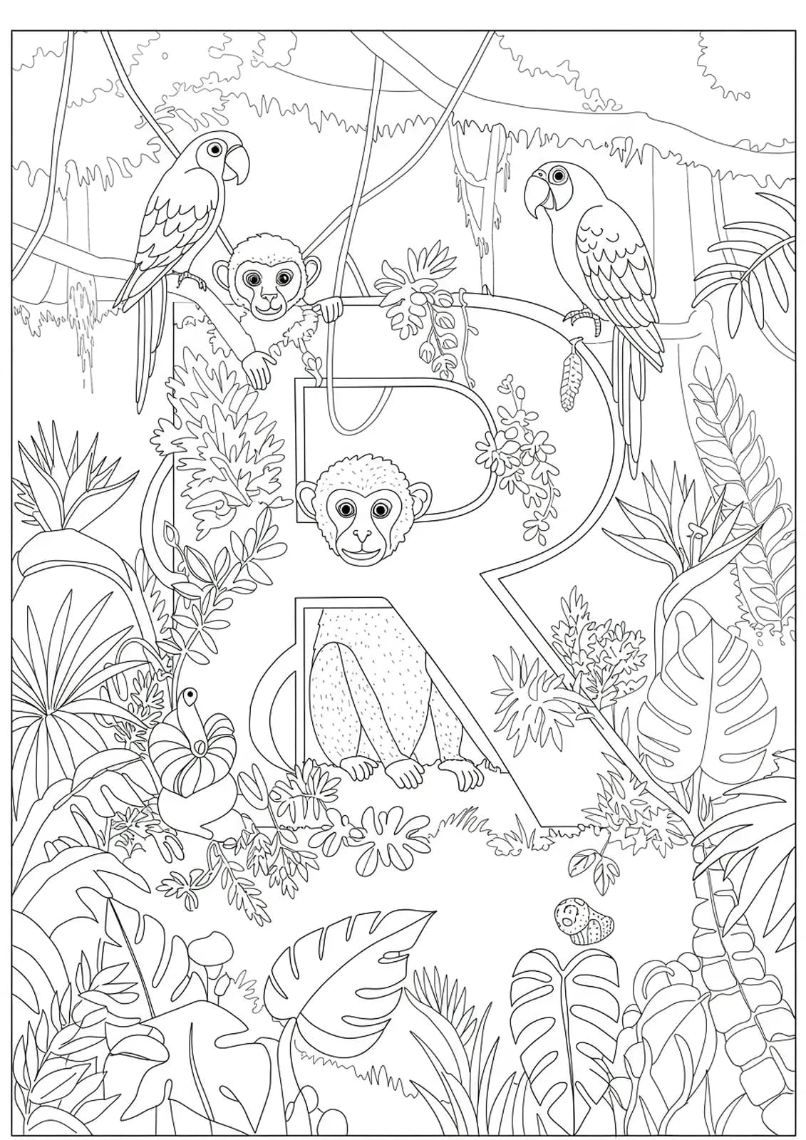 Line art coloring page of the letter R with rainforest elements like trees, monkeys, and parrots