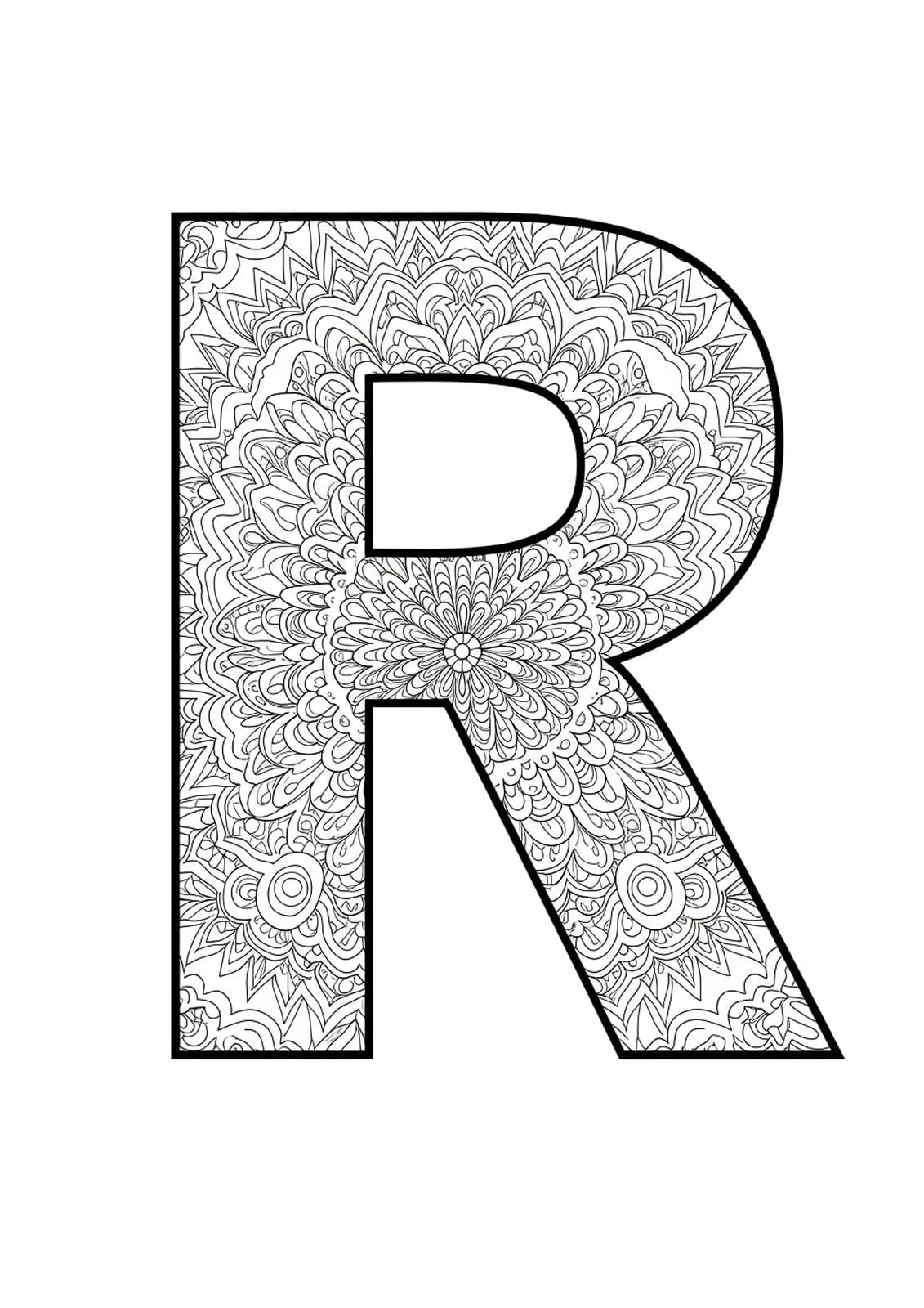 Complex Art Deco mandala design forming the letter R with intricate geometric patterns for adult coloring.