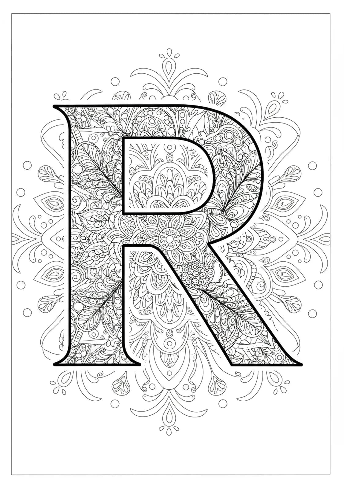 Letter R filled and surrounded by bohemian mandala patterns, medium detail for teens