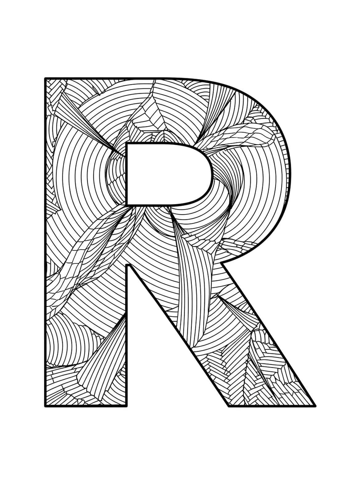 Letter R designed with detailed optical illusion tessellations and interlocking geometric patterns for adult coloring.