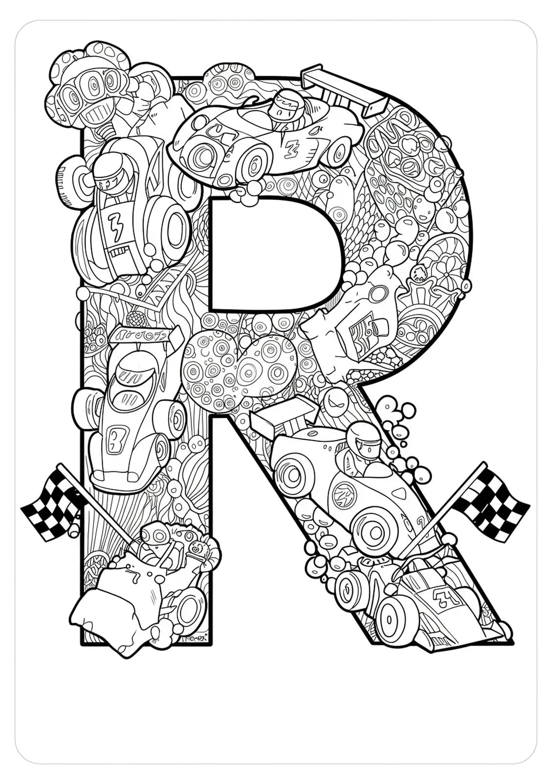 Intricate coloring page of the letter R with race cars, flags, and checkered patterns for preschoolers