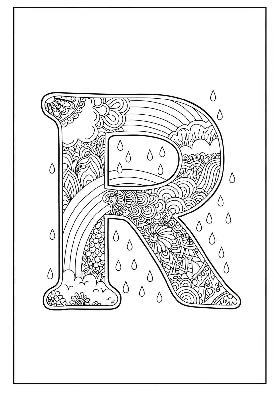 Intricate coloring page of the letter R, rainbow with patterns, and detailed raindrops for preschoolers