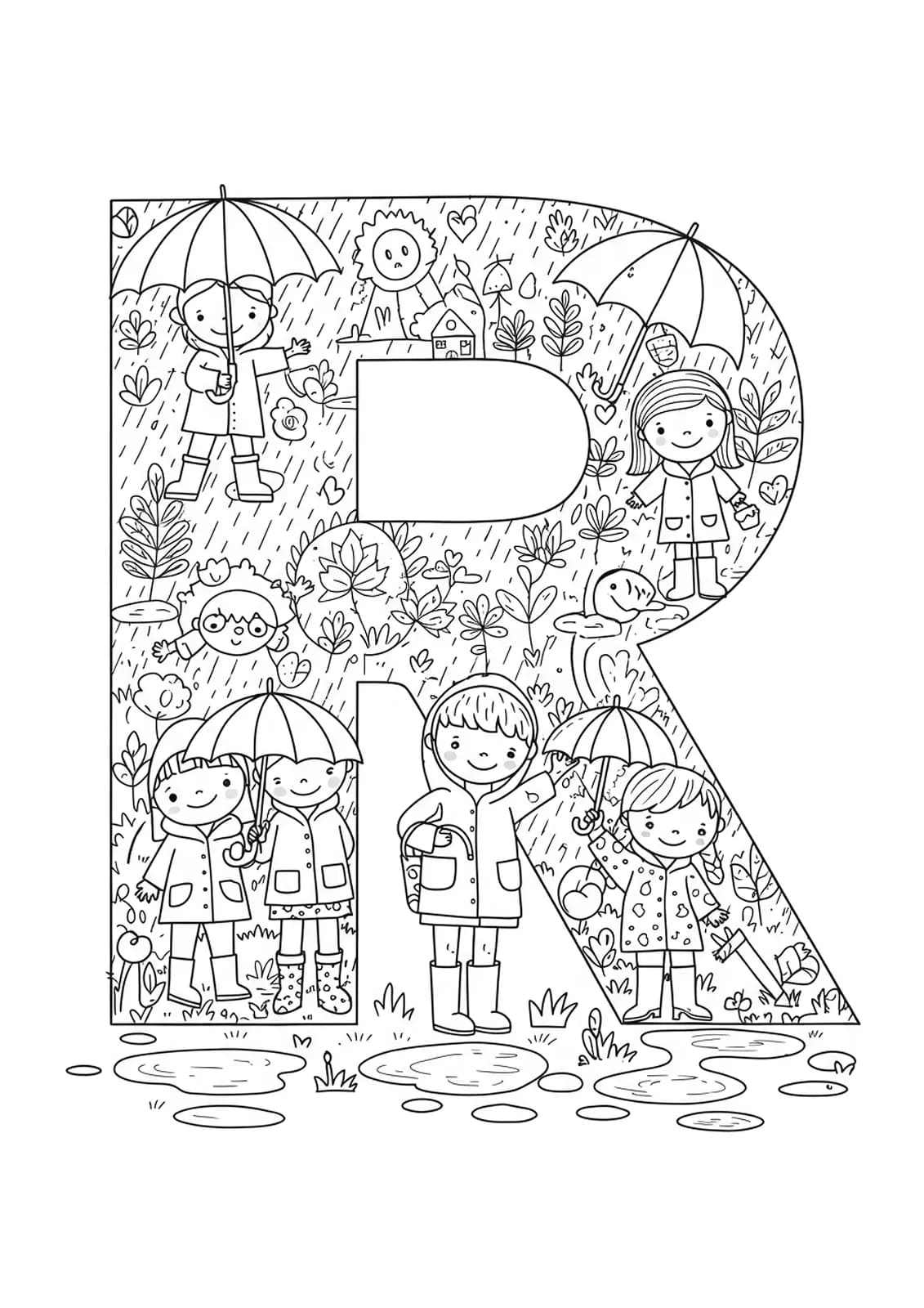 Intricate coloring page of the letter R with kids in raincoats, umbrellas, and puddles for preschoolers