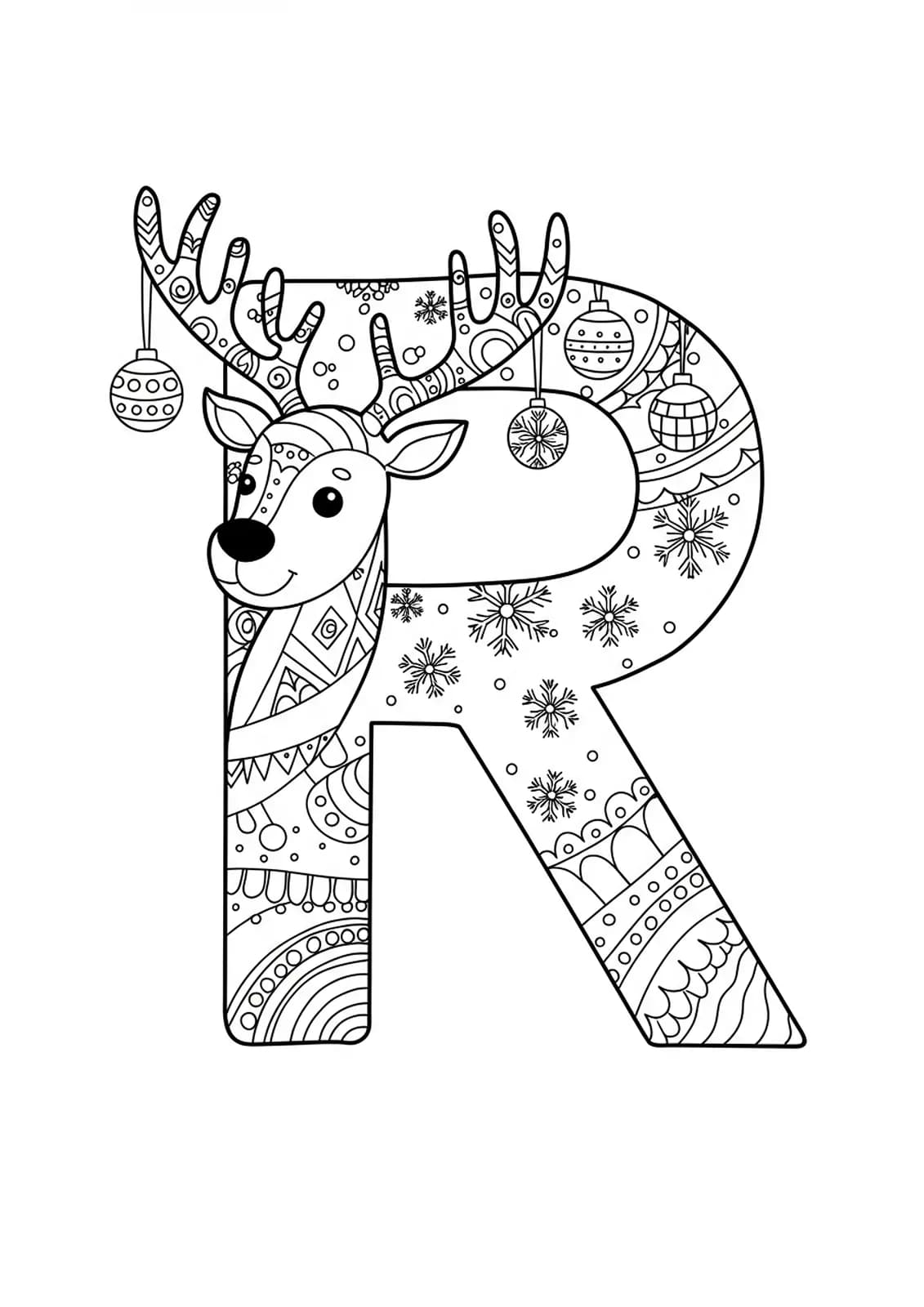 Intricate holiday coloring page of the letter R with a reindeer, ornaments, and snowflakes for preschoolers