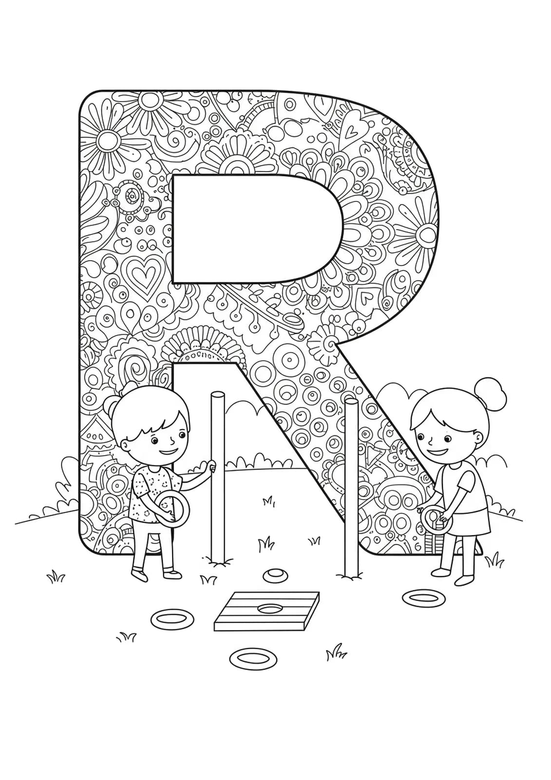 Intricate coloring page of the letter R with kids playing ring toss game for preschoolers