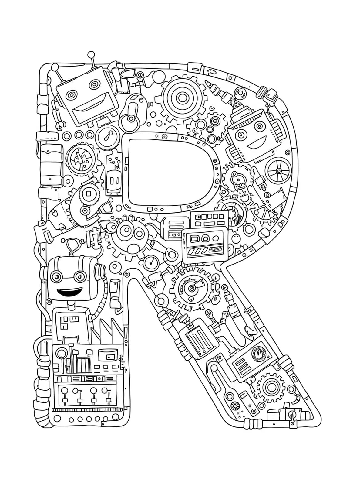 Detailed coloring page with the letter R, robots, gears, and factory machines for preschoolers