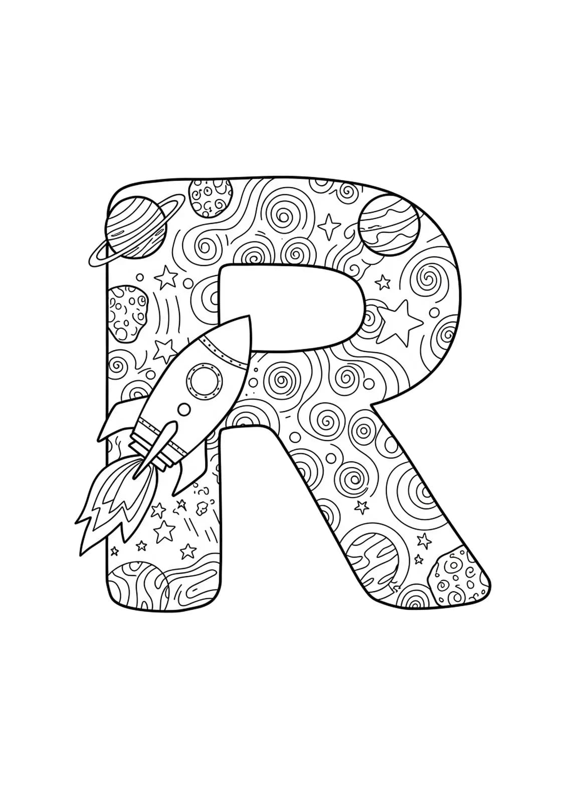 Detailed coloring page of the letter R with a rocket ship, planets, and stars for preschoolers